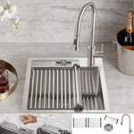 FORNO ACQUA L20" X W22" X D10" 18ga Stainless Steel 304 2-Level MultiSINK Kit with Glass Rinser, 3 Function Stainless Steel Pull-Down Kitchen Faucet, 3 Roll-Up Grids and 1 Strainer