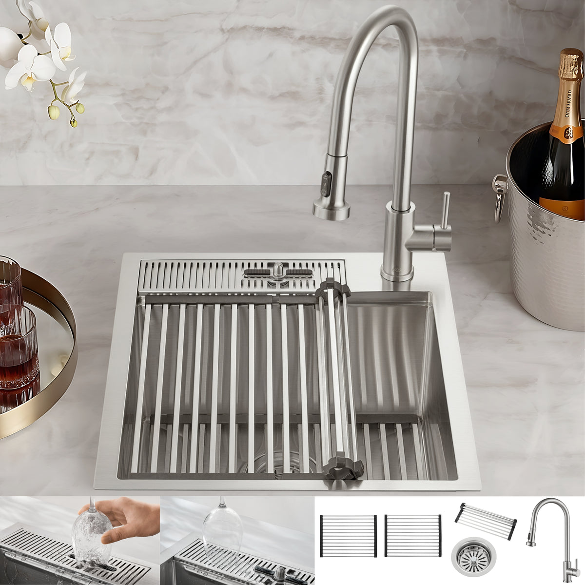 FORNO ACQUA L20" X W22" X D10" 18ga Stainless Steel 304 2-Level MultiSINK Kit with Glass Rinser, 3 Function Stainless Steel Pull-Down Kitchen Faucet, 3 Roll-Up Grids and 1 Strainer