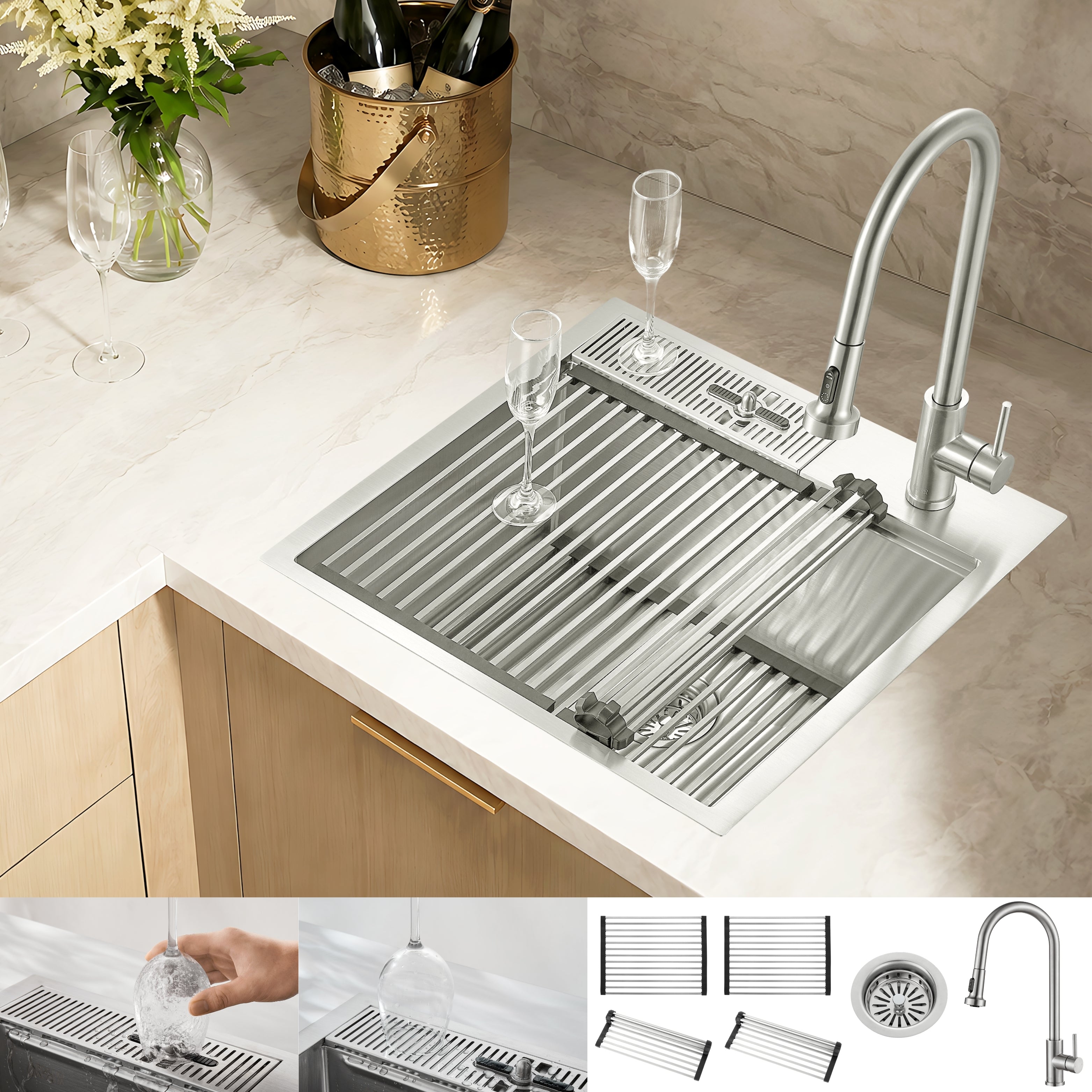 FORNO ACQUA L24" X W22" X D10" 18ga Stainless Steel 304 2-Level MultiSINK Kit with Glass Rinser, 3 Function Stainless Steel Pull-Down Kitchen Faucet, 4 Roll-Up Grids and 1 Strainer - BonPrix Électroménagers