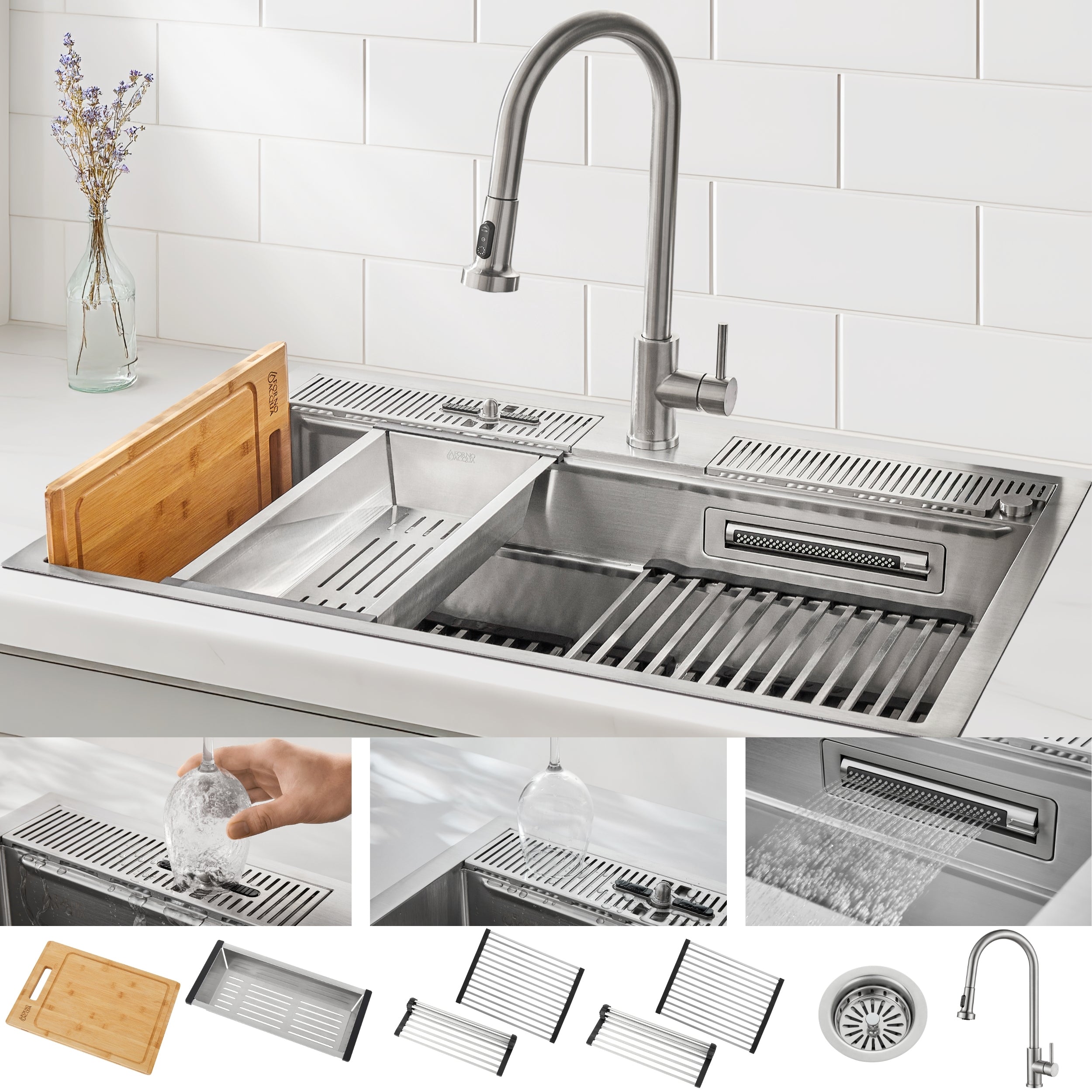 FORNO ACQUA 33 in. Drop-In/Undermount 3-Level Workstation Sink with Faucet, Waterfall & Glass Rinser - BonPrix Électroménagers