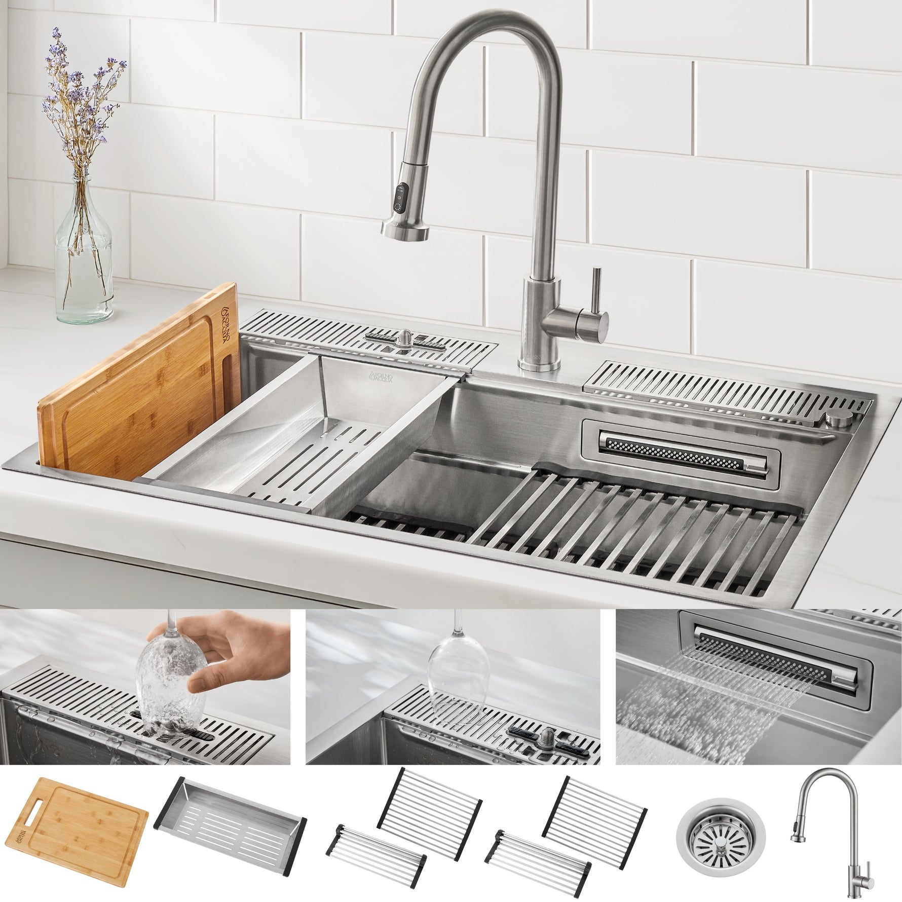 FORNO ACQUA 33 in. Drop-In/Undermount 3-Level Workstation Sink with Faucet, Waterfall & Glass Rinser - BonPrix Électroménagers