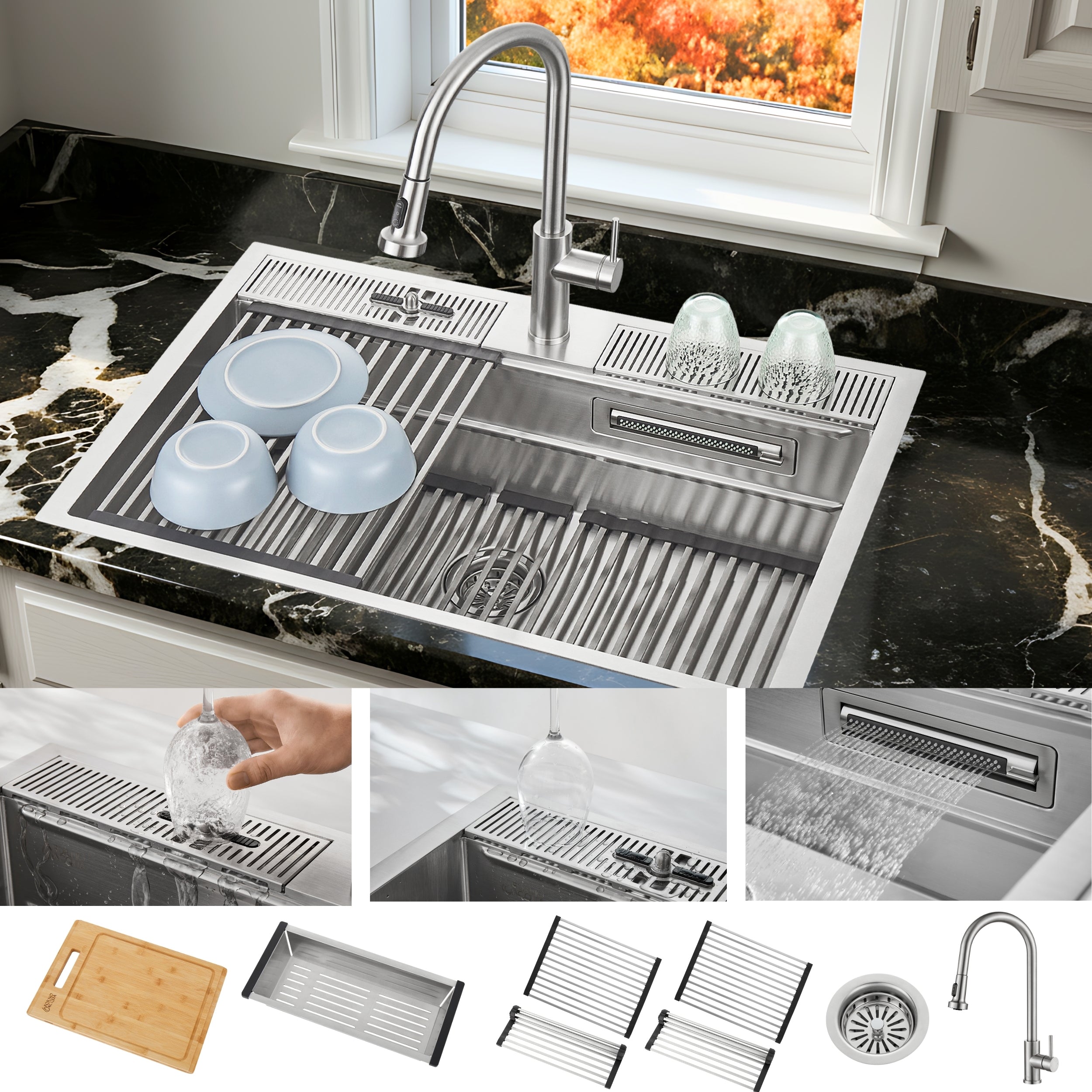 FORNO ACQUA 33 in. Drop-In/Undermount 3-Level Workstation with Retractable Faucet & Glass Rinser - BonPrix Électroménagers