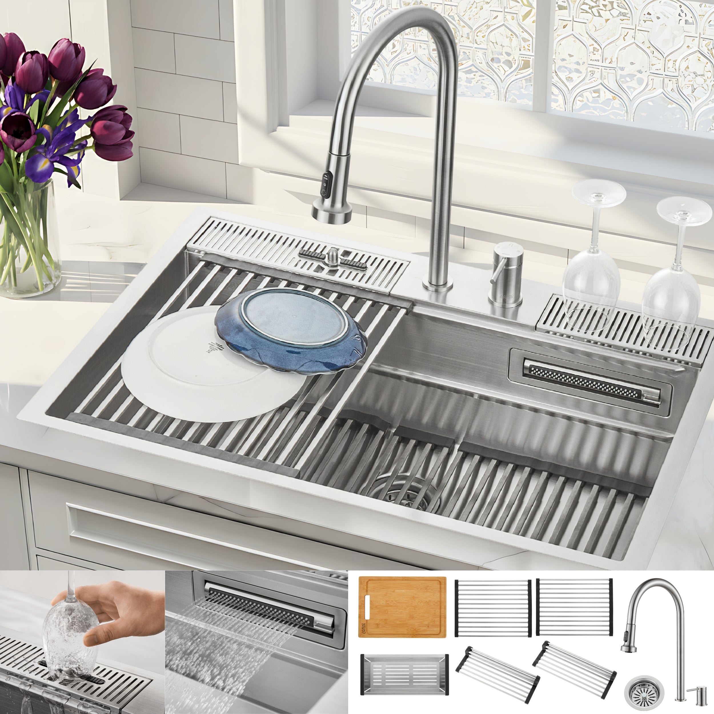 FORNO ACQUA 33 in. Drop-In/Undermount 3 Level Workstation Sink with Faucet, Waterfall & Glass Rinser - BonPrix Électroménagers