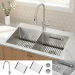 FORNO ACQUA 33 in. Drop-In/Undermount 50/50 Double Bowl Stainless Steel Sink with Faucet & Waterfall - BonPrix Électroménagers