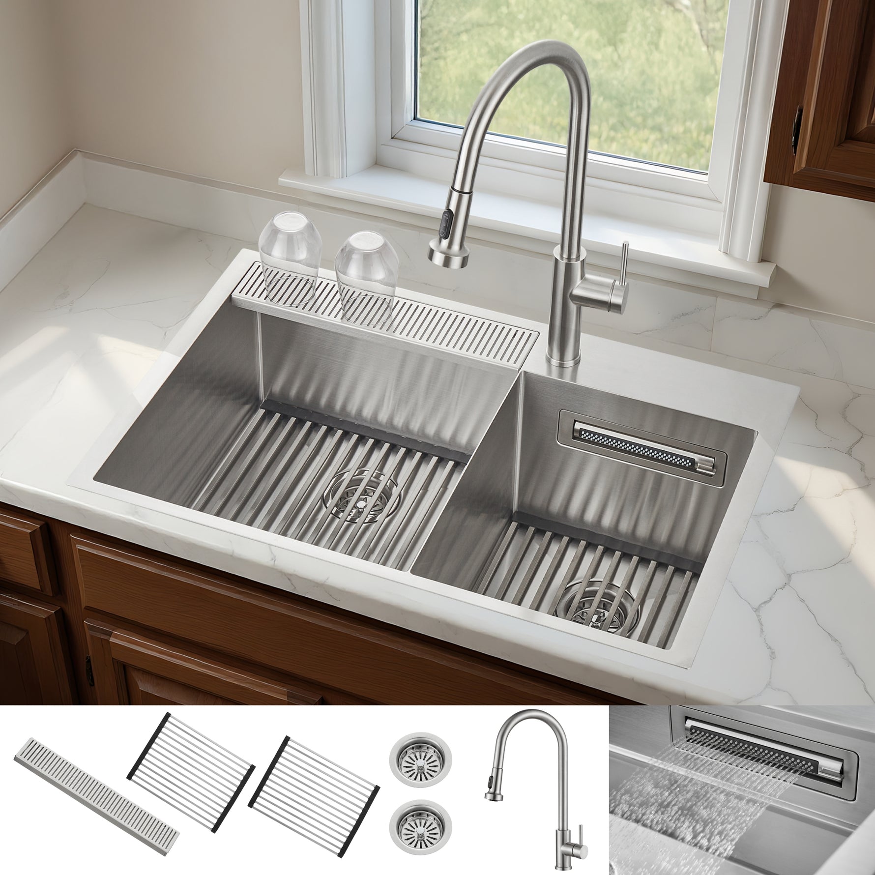 FORNO ACQUA 33 in. Drop-In/Undermount 40/60 Double Bowl Sink with Retractable Faucet & Waterfall - BonPrix Électroménagers