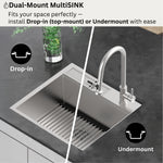 FORNO ACQUA L20" X W22" X D10" 18ga Stainless Steel 304 2-Level MultiSINK Kit with Glass Rinser, 3 Function Stainless Steel Pull-Down Kitchen Faucet, 3 Roll-Up Grids and 1 Strainer