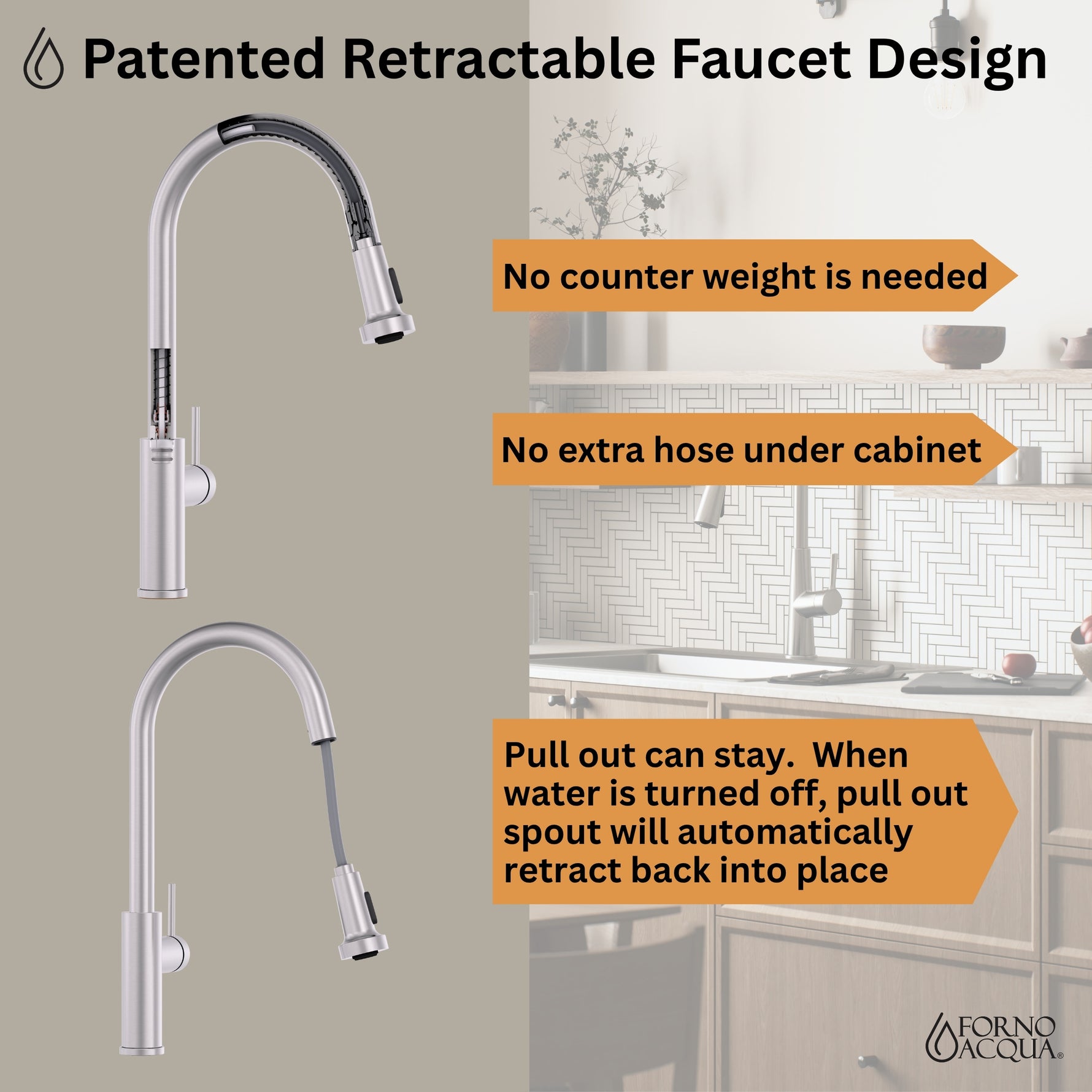 FORNO ACQUA 33 in. Drop-In/Undermount 40/60 Double Bowl Sink with Retractable Faucet & Waterfall - BonPrix Électroménagers