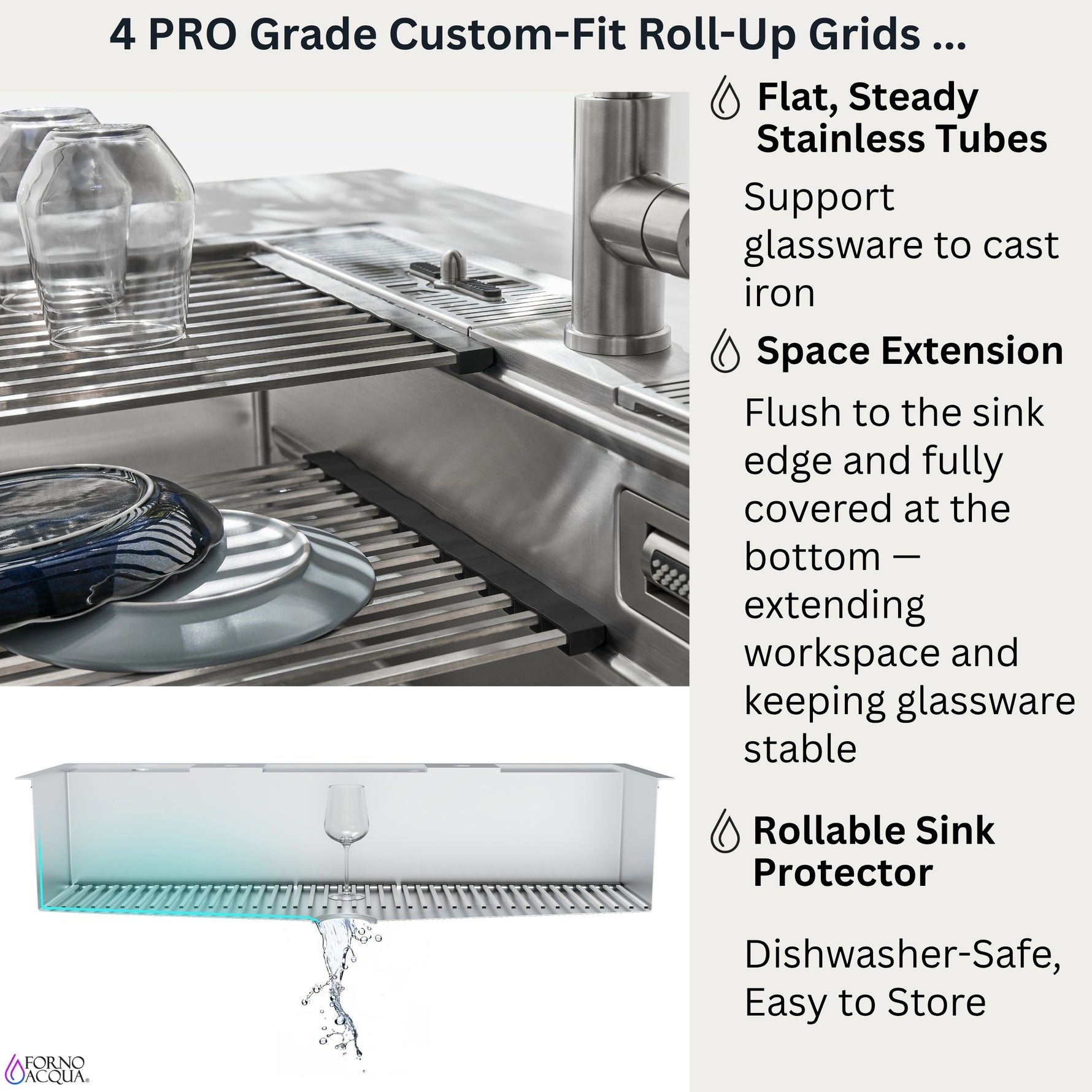 FORNO ACQUA 45 in. Drop-In/Undermount 3-Level Workstation Sink with Two Faucets & Glass Rinser - BonPrix Électroménagers