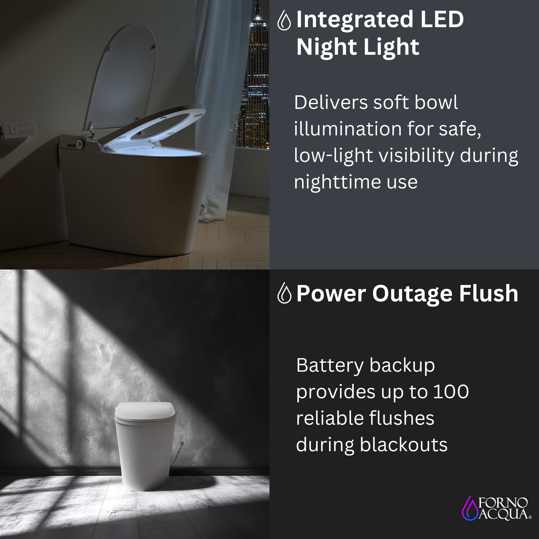 FORNO ACQUA Luxurious Smart Toilet. Includes Heated Seat, Auto Flush, Auto Lid, Powerful Flush, Ideal for Powder Rooms. - BonPrix Électroménagers