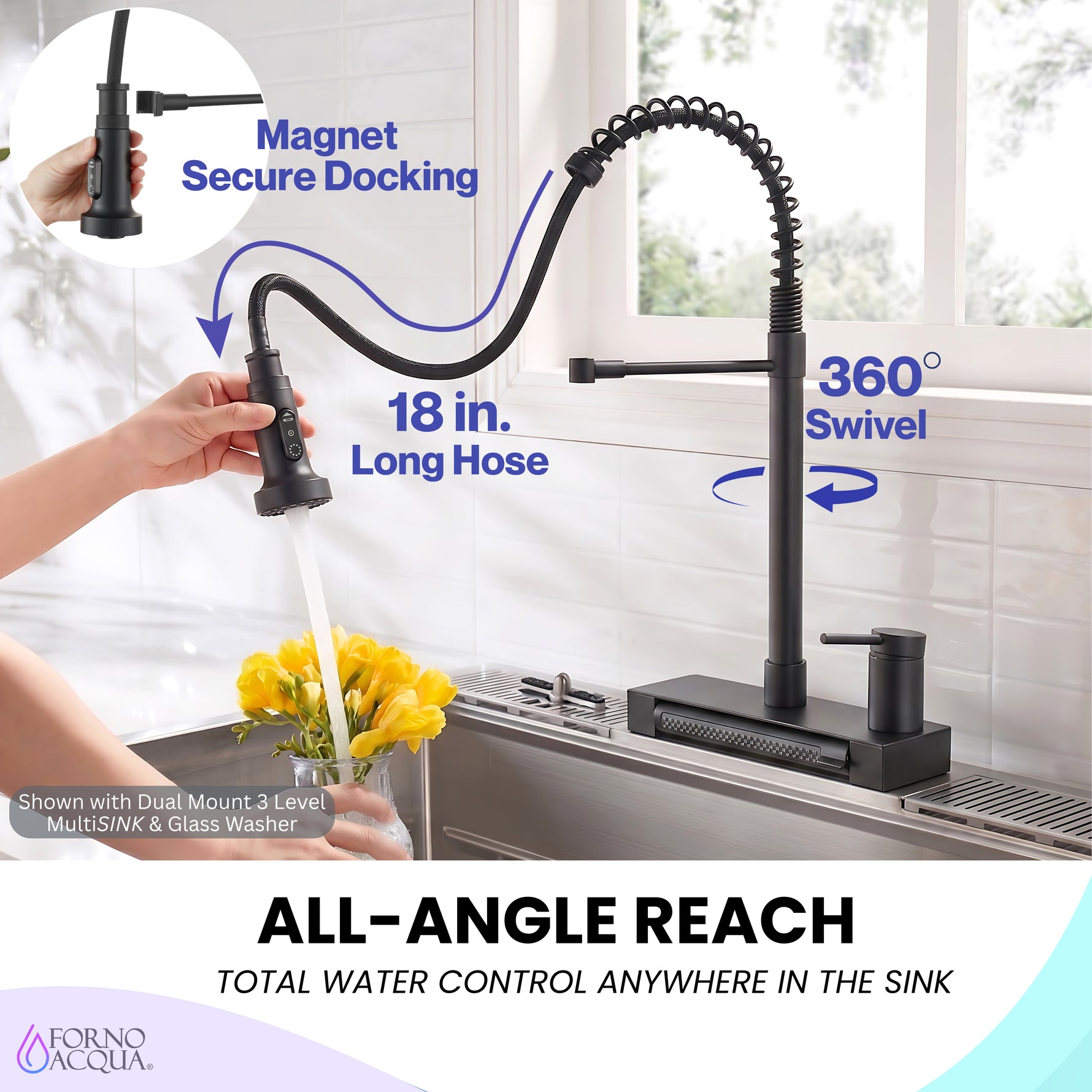FORNO ACQUA 4 function pull-Down Waterfall Kitchen Faucet Black