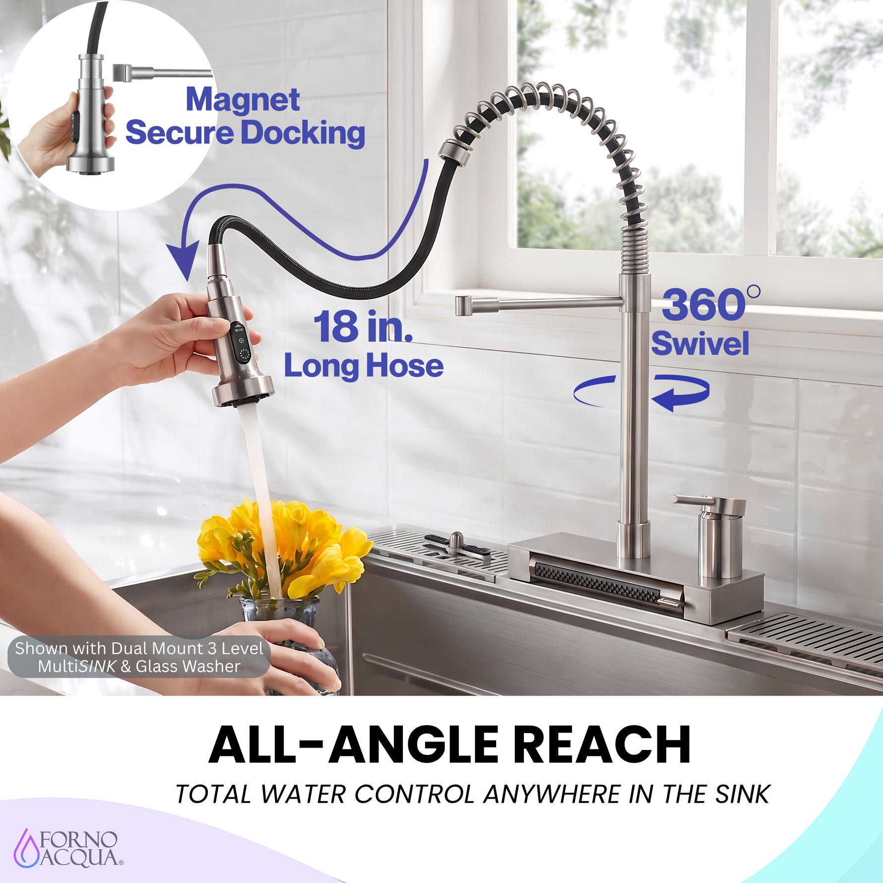 FORNO ACQUA 4 Function  Pull-Down Waterfall Kitchen Faucet Brushed Nickel