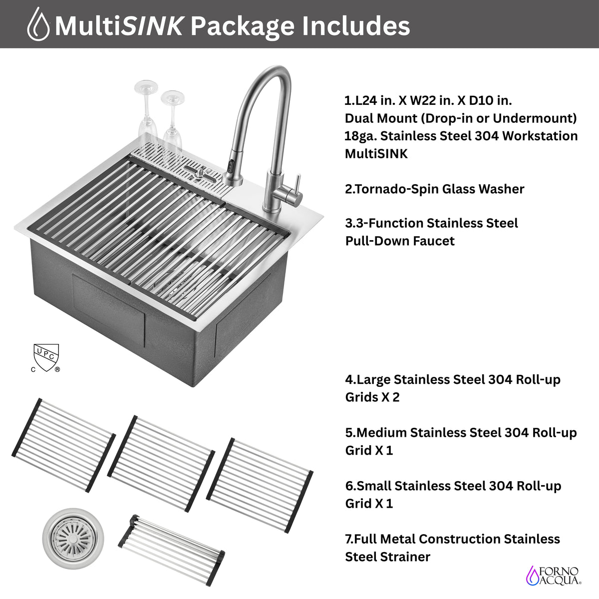 FORNO ACQUA L24" X W22" X D10" 18ga Stainless Steel 304 2-Level MultiSINK Kit with Glass Rinser, 3 Function Stainless Steel Pull-Down Kitchen Faucet, 4 Roll-Up Grids and 1 Strainer