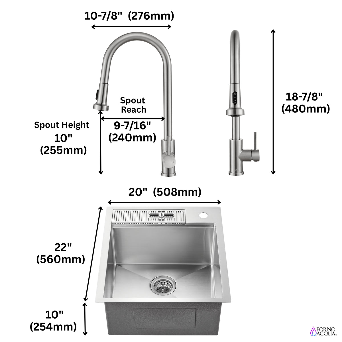 FORNO ACQUA L20" X W22" X D10" 18ga Stainless Steel 304 2-Level MultiSINK Kit with Glass Rinser, 3 Function Stainless Steel Pull-Down Kitchen Faucet, 3 Roll-Up Grids and 1 Strainer