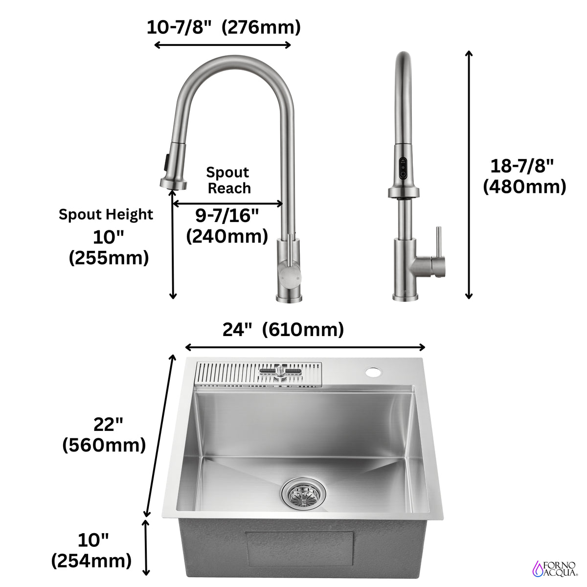 FORNO ACQUA L24" X W22" X D10" 18ga Stainless Steel 304 2-Level MultiSINK Kit with Glass Rinser, 3 Function Stainless Steel Pull-Down Kitchen Faucet, 4 Roll-Up Grids and 1 Strainer