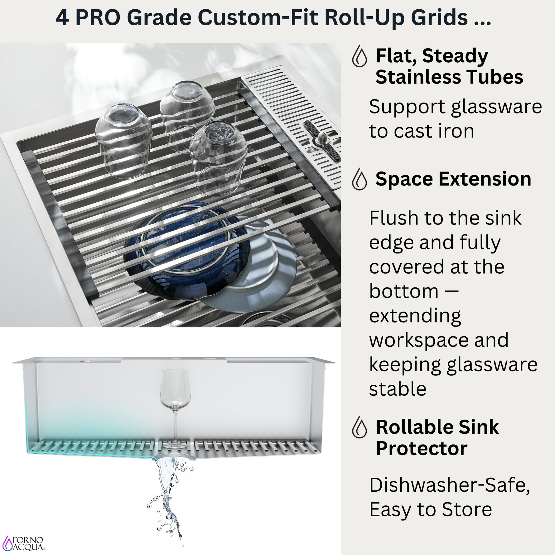 FORNO ACQUA 33 in. Drop-In/Undermount 3-Level Workstation with Retractable Faucet & Glass Rinser - BonPrix Électroménagers