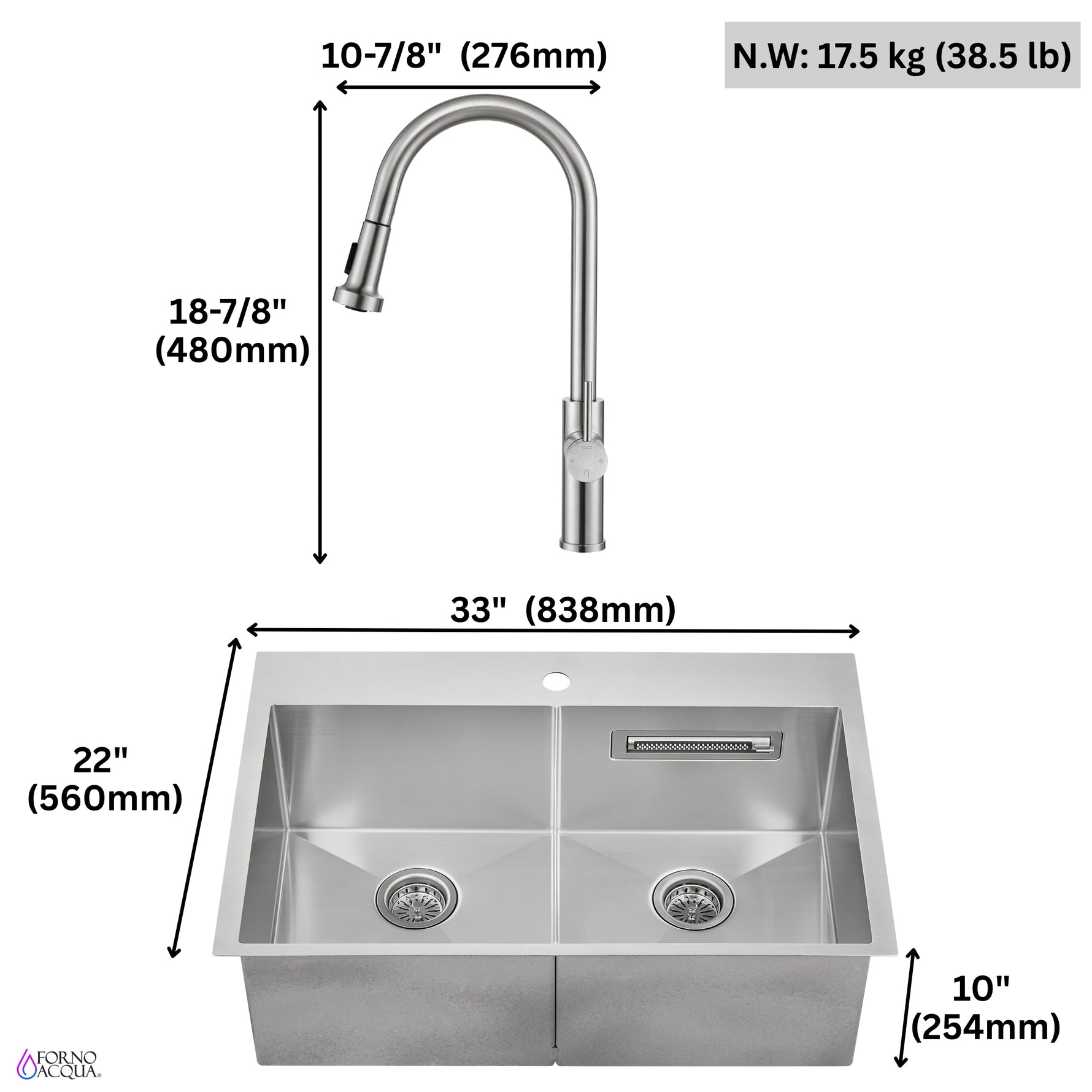 FORNO ACQUA 33 in. Drop-In/Undermount 50/50 Double Bowl Stainless Steel Sink with Faucet & Waterfall - BonPrix Électroménagers