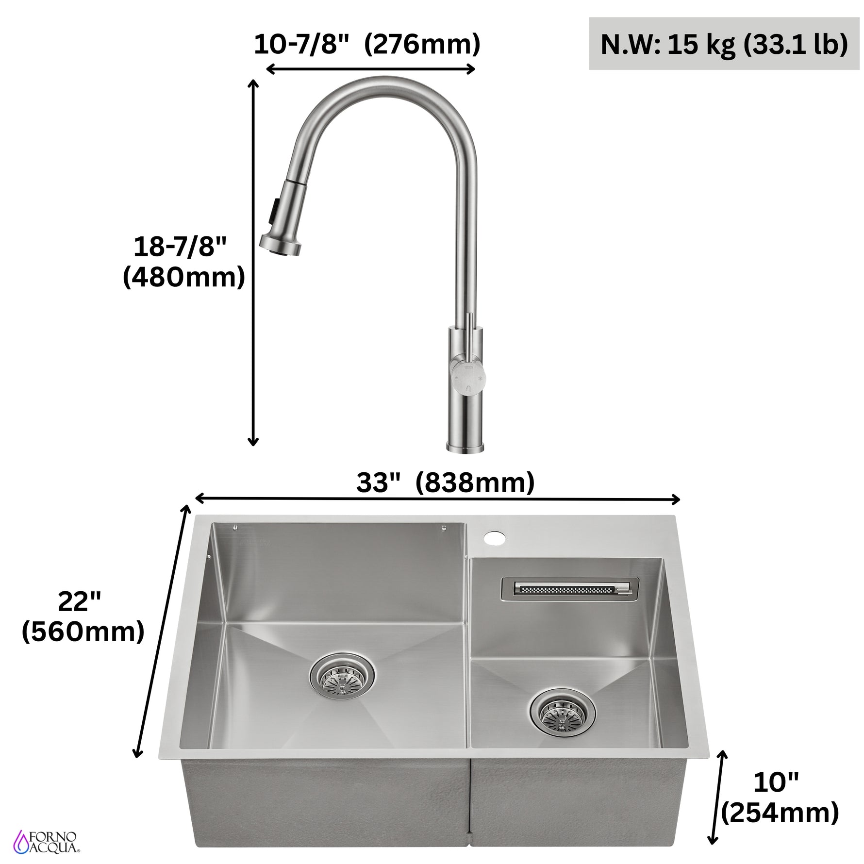 FORNO ACQUA 33 in. Drop-In/Undermount 40/60 Double Bowl Sink with Retractable Faucet & Waterfall - BonPrix Électroménagers