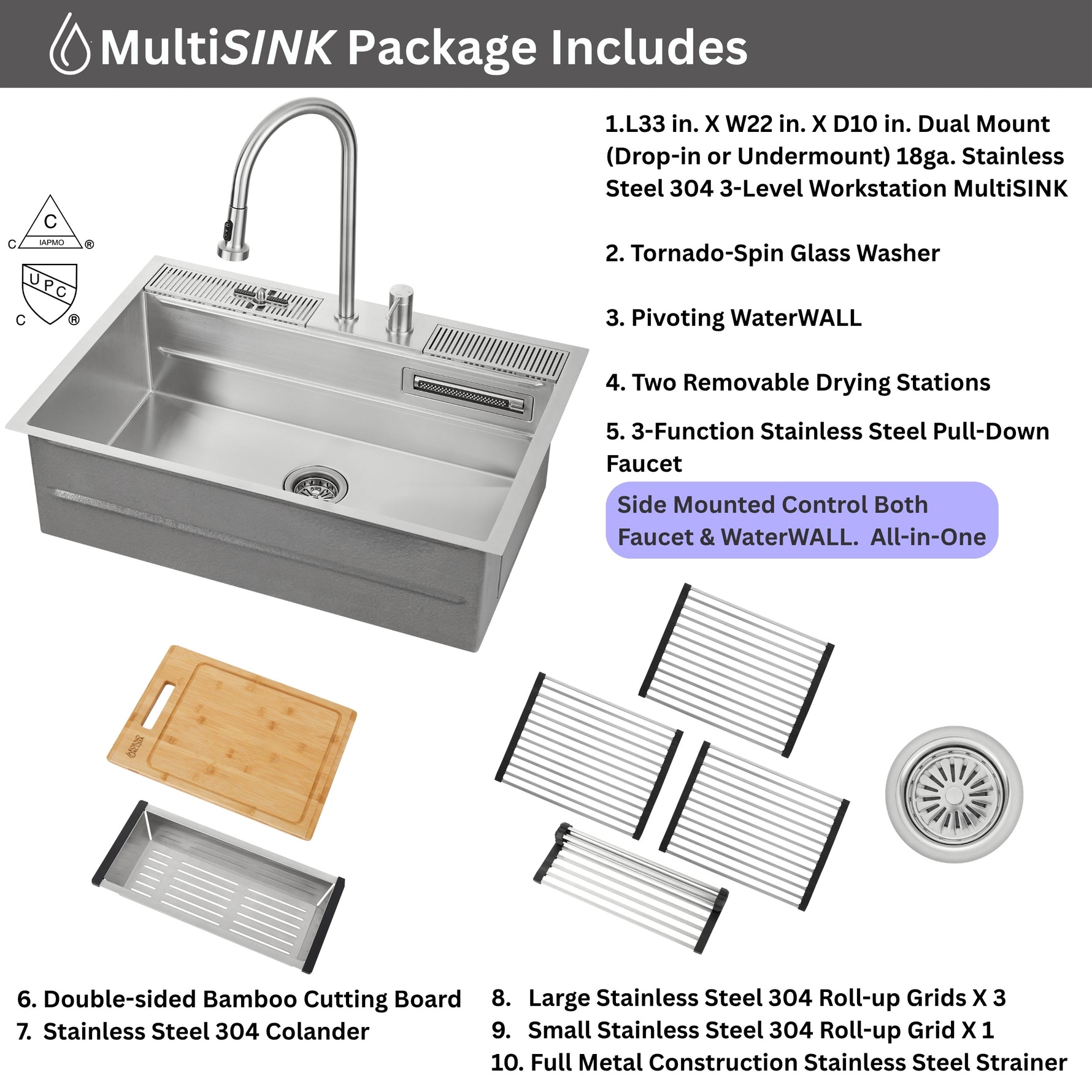 FORNO ACQUA 33 in. Drop-In/Undermount 3 Level Workstation Sink with Faucet, Waterfall & Glass Rinser - BonPrix Électroménagers