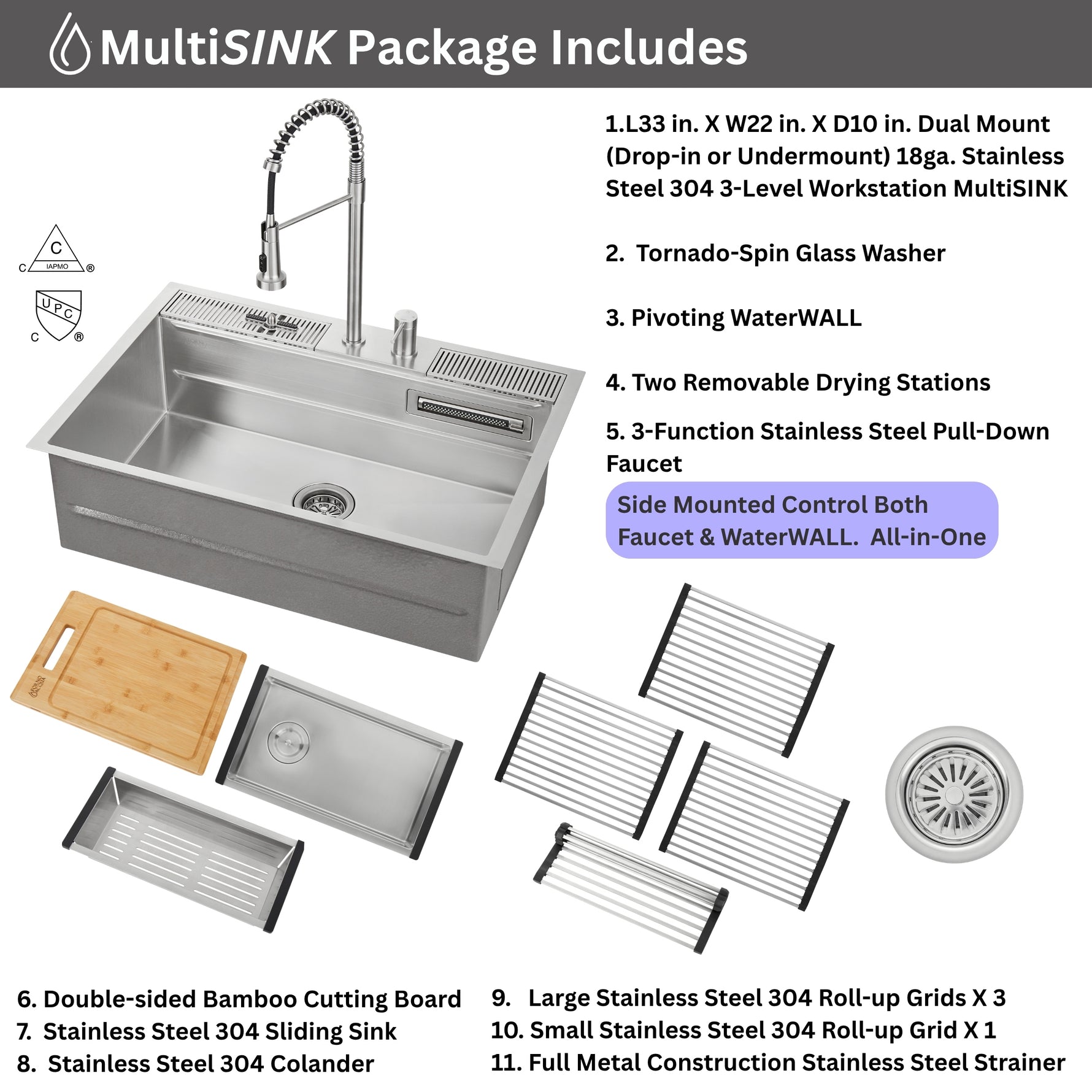 FORNO ACQUA 33 in. Drop-In/Undermount 3-Level Workstation Sink with Faucet, Waterfall & Glass Rinser - BonPrix Électroménagers