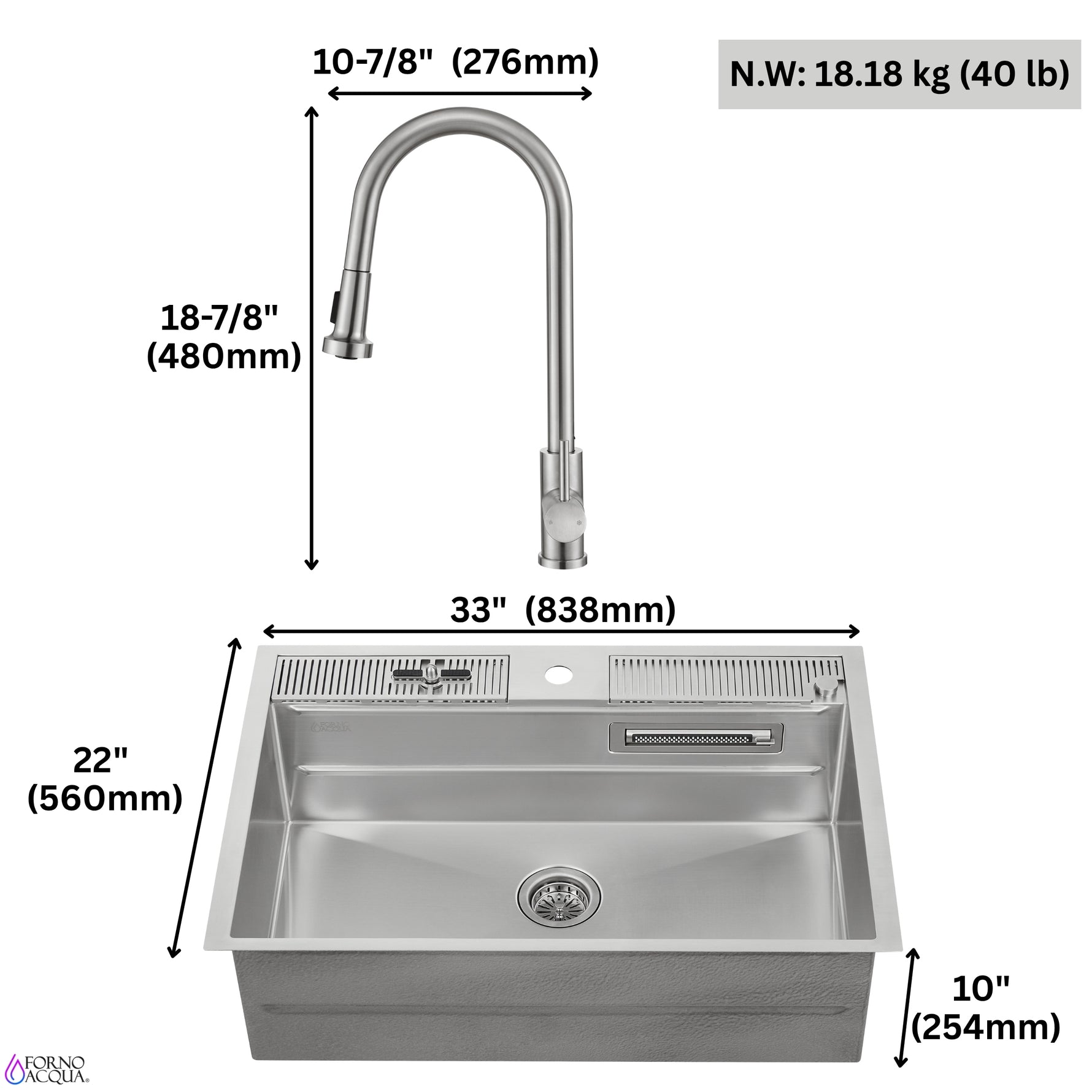 FORNO ACQUA 33 in. Drop-In/Undermount 3-Level Workstation Sink with Faucet, Waterfall & Glass Rinser - BonPrix Électroménagers