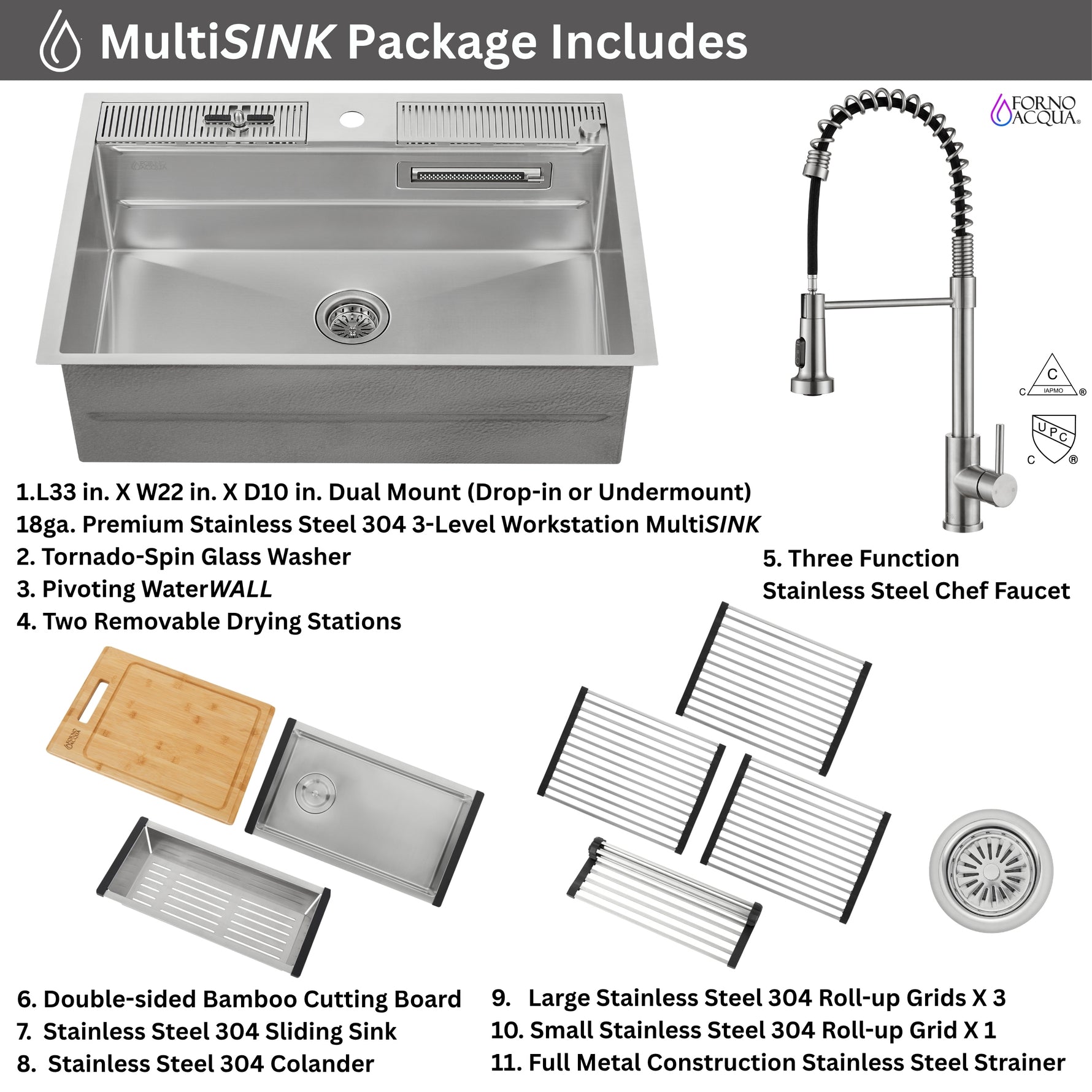 FORNO ACQUA MultiSINK kit with Integrated Waterfall Rinsing and Glass Washing Station.  Includes Chef Faucet and Accessories. - BonPrix Électroménagers