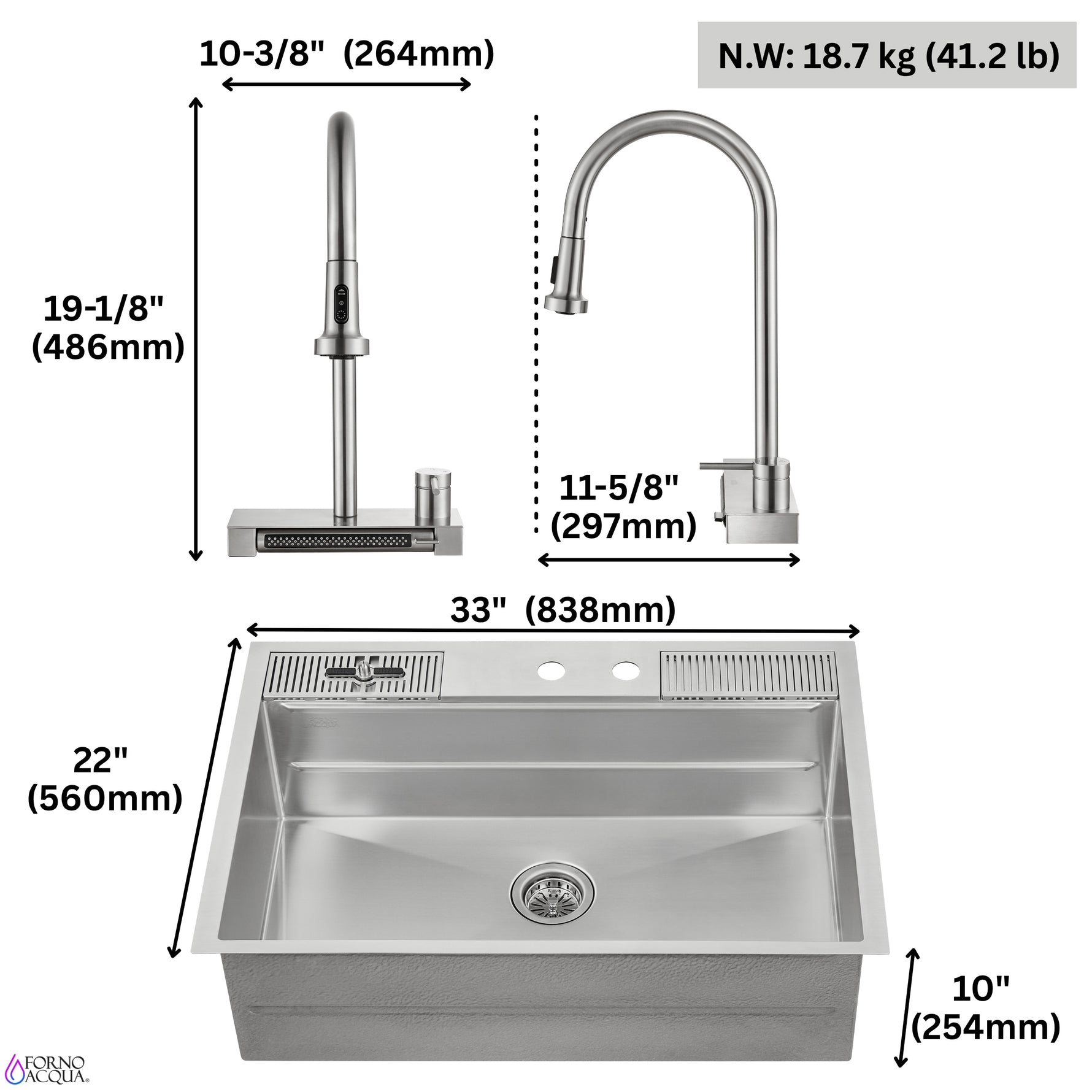 FORNO ACQUA 33 in. Drop-In/Undermount MultiSINK Workstation Sink with Waterfall Faucet & Glass Rinser - BonPrix Électroménagers