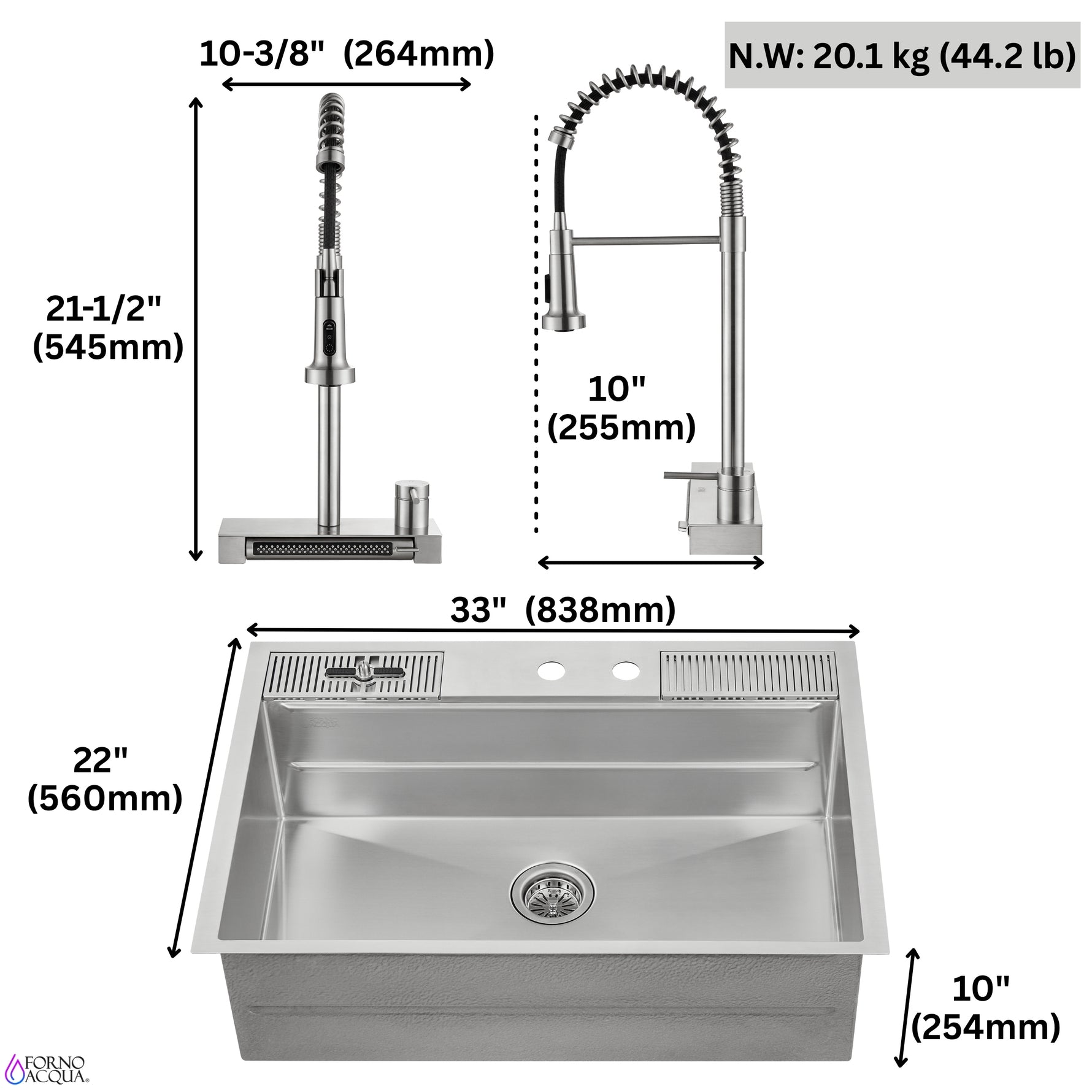 FORNO ACQUA 33 in. Drop-In/Undermount 3-Level MultiSINK Workstation Sink with Waterfall Faucet & Glass Rinser - BonPrix Électroménagers