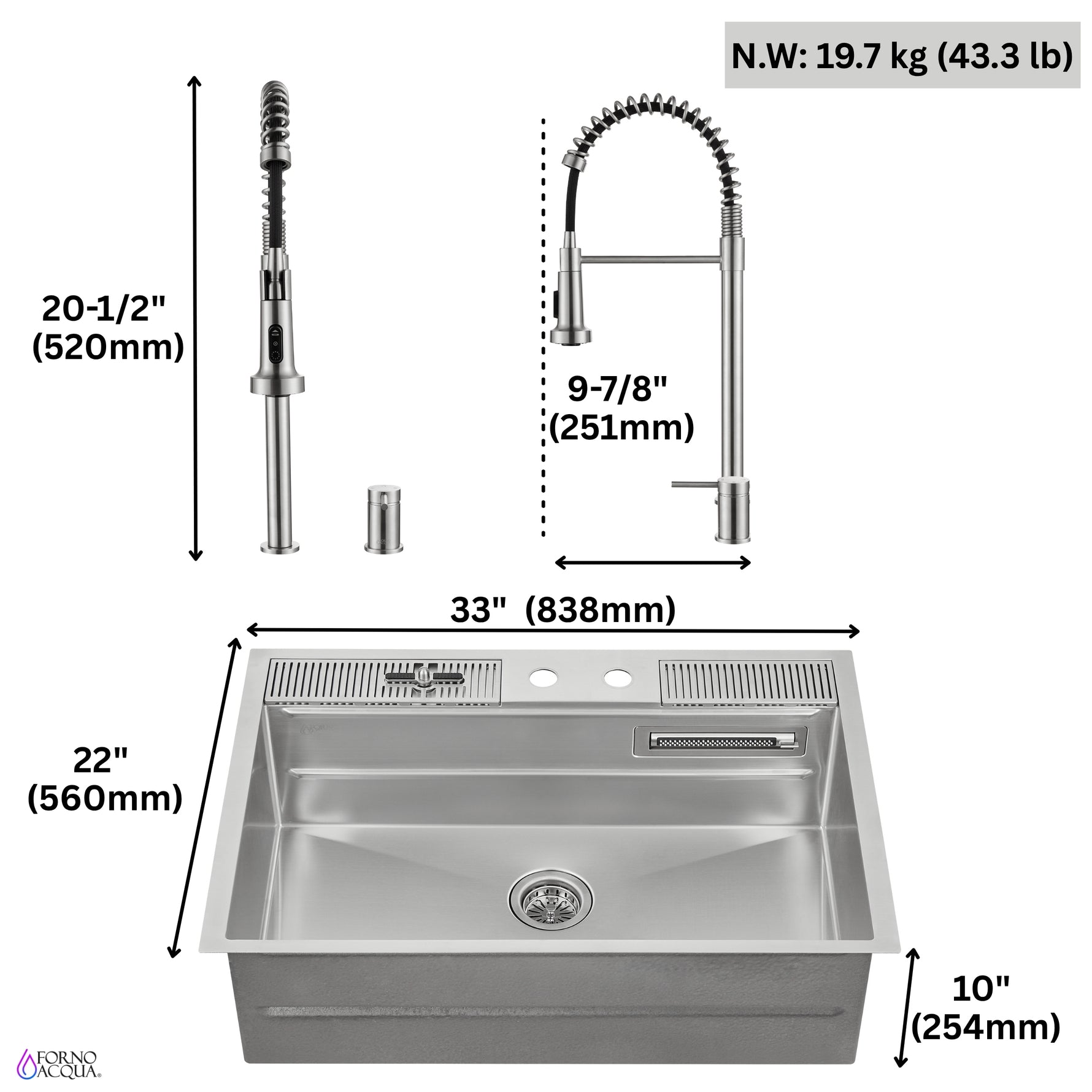 FORNO ACQUA 33 in. Drop-In/Undermount 3-Level Workstation Sink with Faucet, Waterfall & Glass Rinser - BonPrix Électroménagers