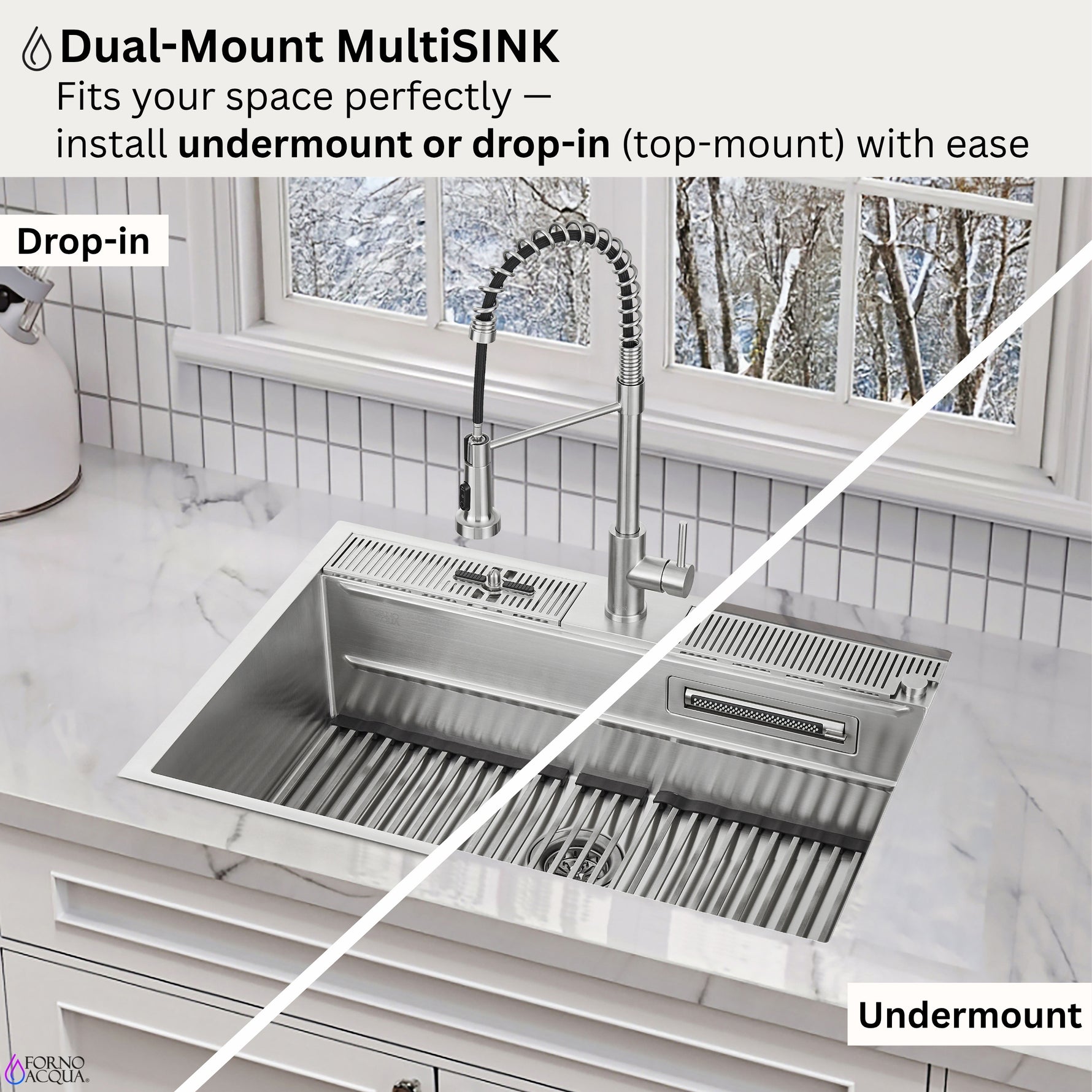FORNO ACQUA 33 in. Drop-In/Undermount 3-Level Workstation with Retractable Faucet & Glass Rinser - BonPrix Électroménagers