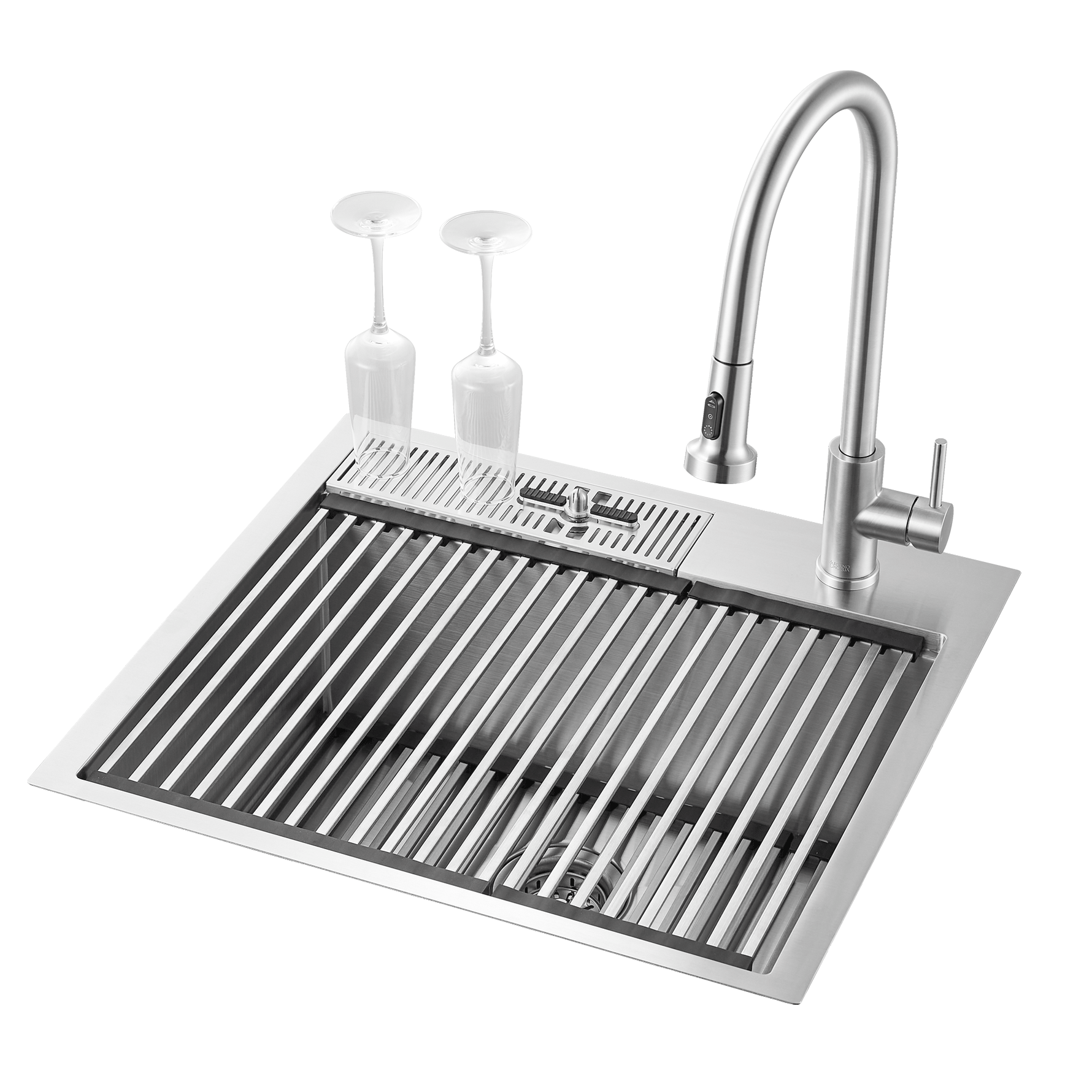 FORNO ACQUA L24" X W22" X D10" 18ga Stainless Steel 304 2-Level MultiSINK Kit with Glass Rinser, 3 Function Stainless Steel Pull-Down Kitchen Faucet, 4 Roll-Up Grids and 1 Strainer