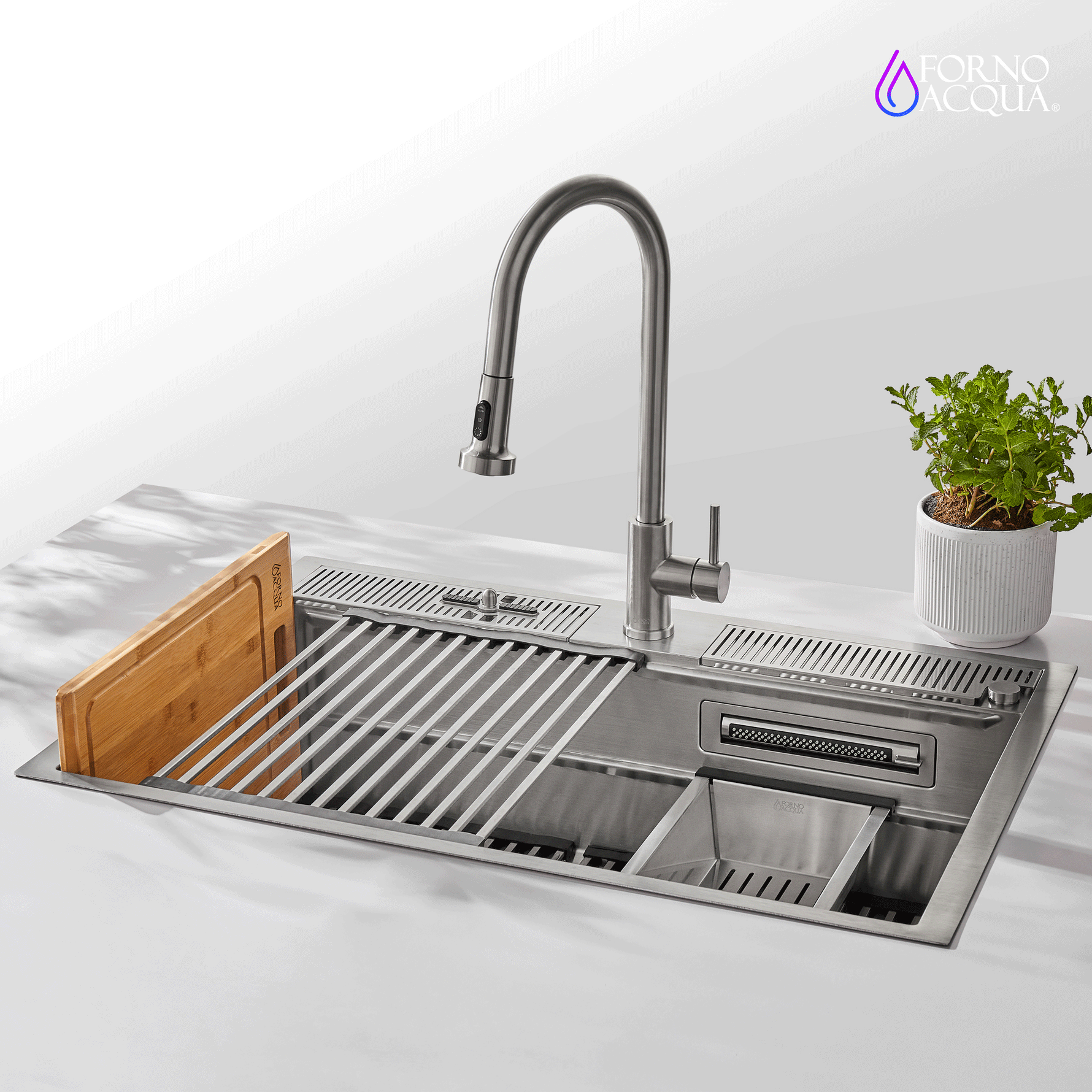 FORNO ACQUA 33 in. Drop-In/Undermount 3-Level Workstation Sink with Faucet, Waterfall & Glass Rinser - BonPrix Électroménagers
