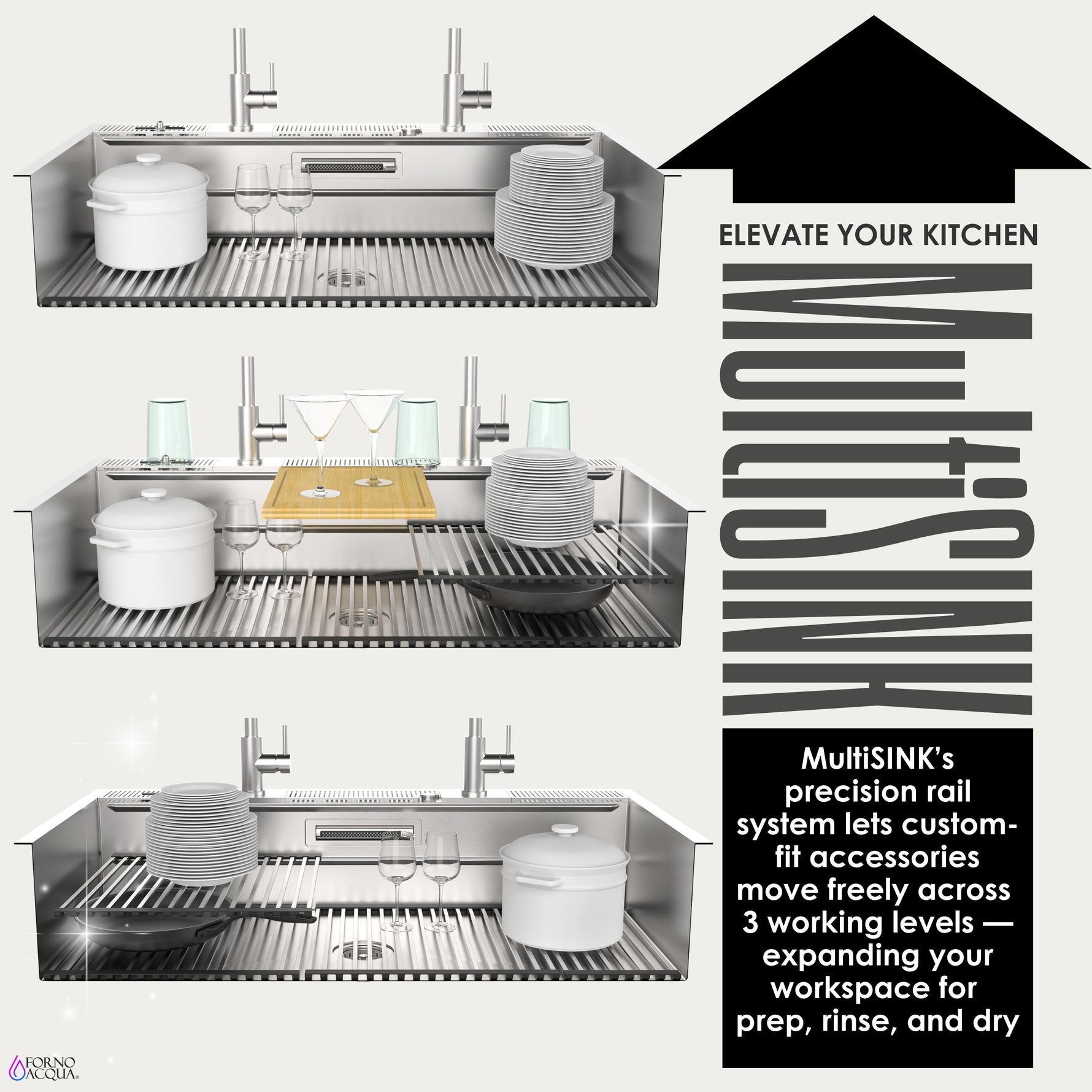 FORNO ACQUA 45 in. Drop-In/Undermount 3-Level Workstation Sink with Two Faucets & Glass Rinser - BonPrix Électroménagers