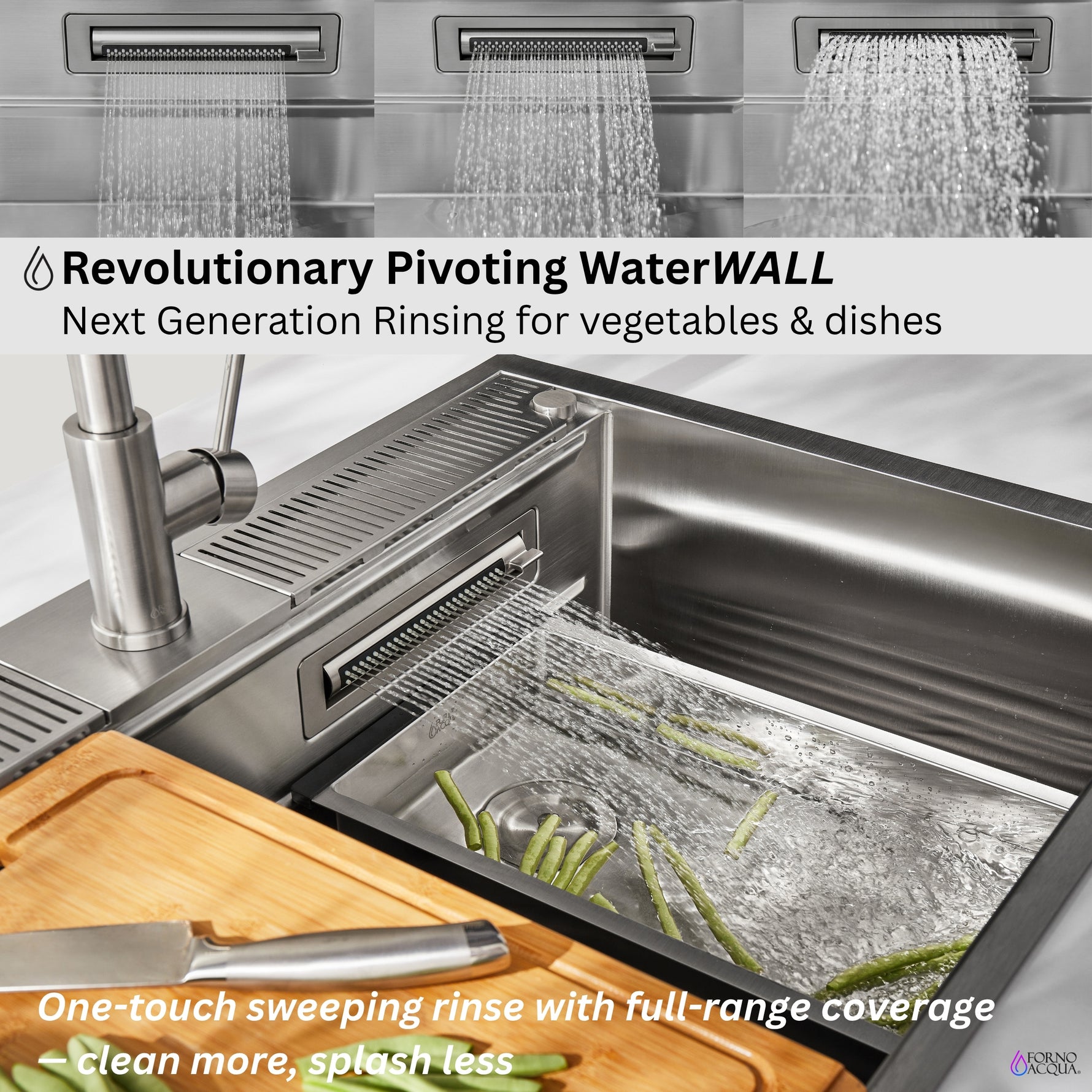 FORNO ACQUA 33 in. Drop-In/Undermount 3-Level Workstation Sink with Faucet, Waterfall & Glass Rinser - BonPrix Électroménagers