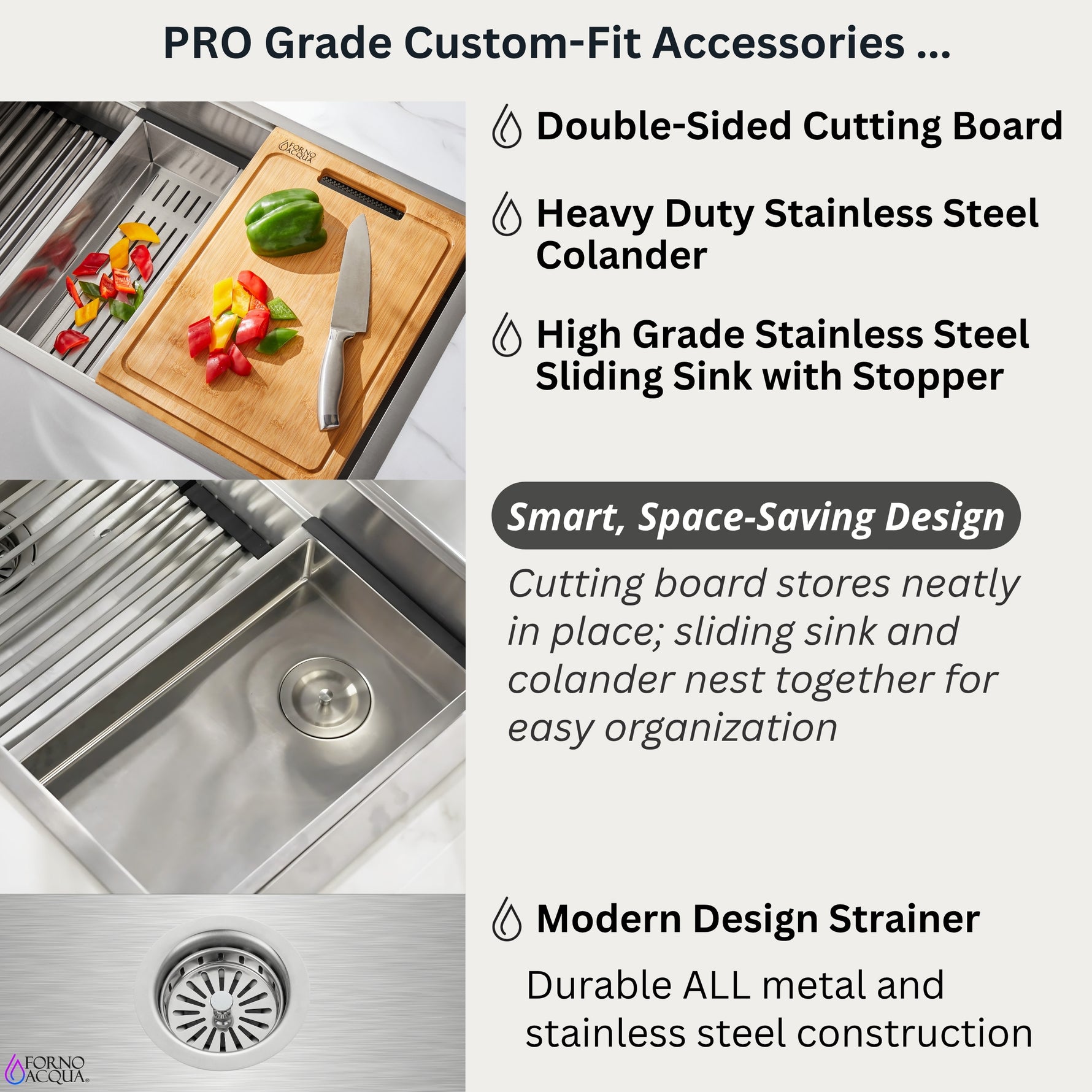 FORNO ACQUA 45 in. Undermount 3-Level Workstation MultiSINK with Custom-Fit Accessories - BonPrix Électroménagers