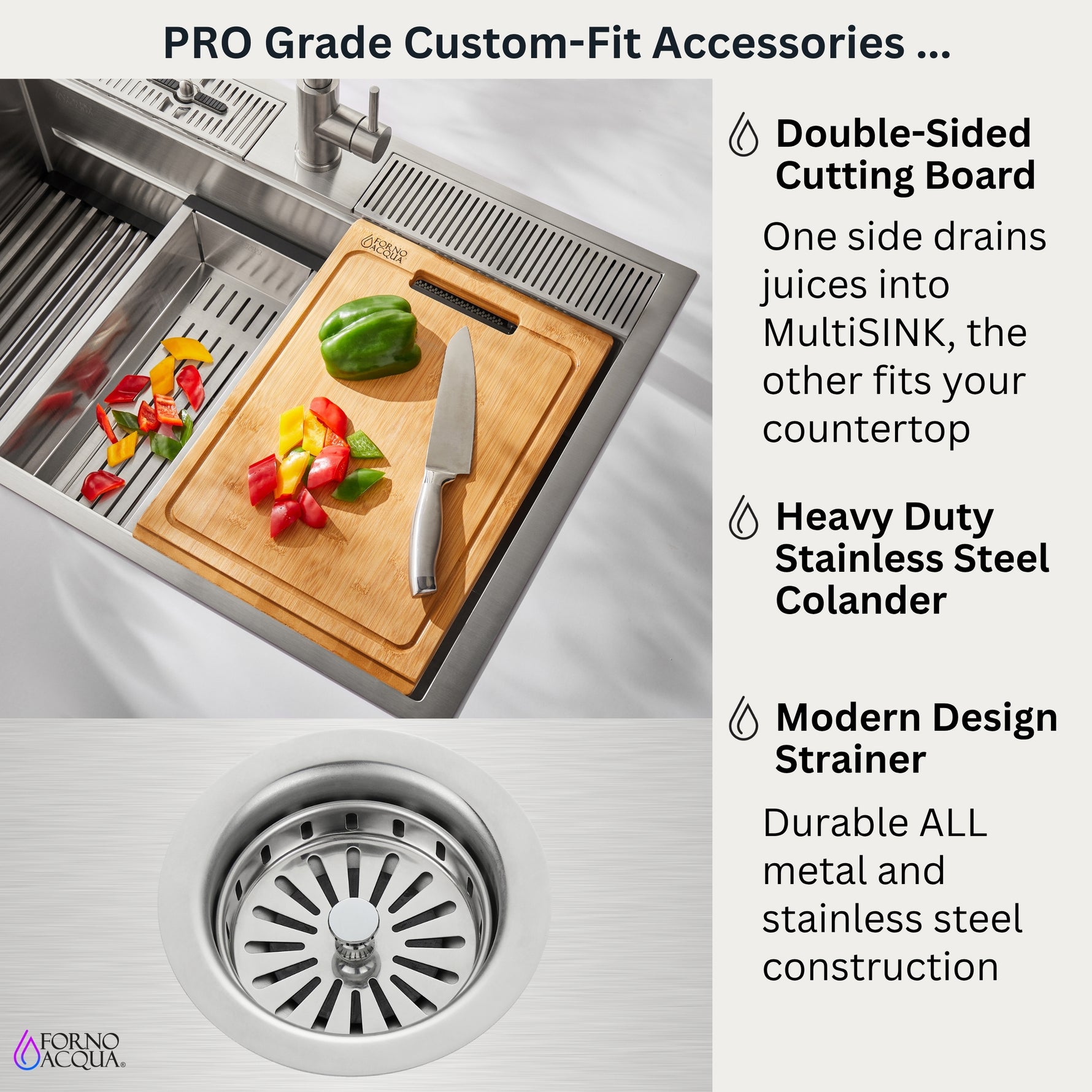 FORNO ACQUA 33 in. Drop-In/Undermount 3-Level Workstation Sink with Waterfall Faucet & Glass Rinser - BonPrix Électroménagers