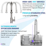 FORNO ACQUA L20" X W22" X D10" 18ga Stainless Steel 304 2-Level MultiSINK Kit with Glass Rinser, 3 Function Stainless Steel Pull-Down Kitchen Faucet, 3 Roll-Up Grids and 1 Strainer