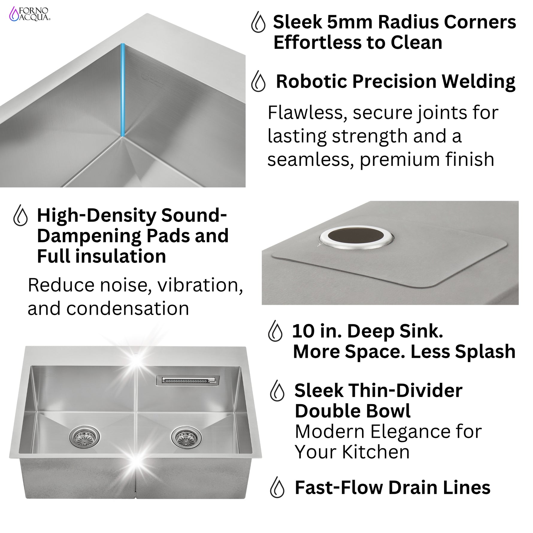 FORNO ACQUA 33 in. Drop-In/Undermount 50/50 Double Bowl Stainless Steel Sink with Faucet & Waterfall - BonPrix Électroménagers