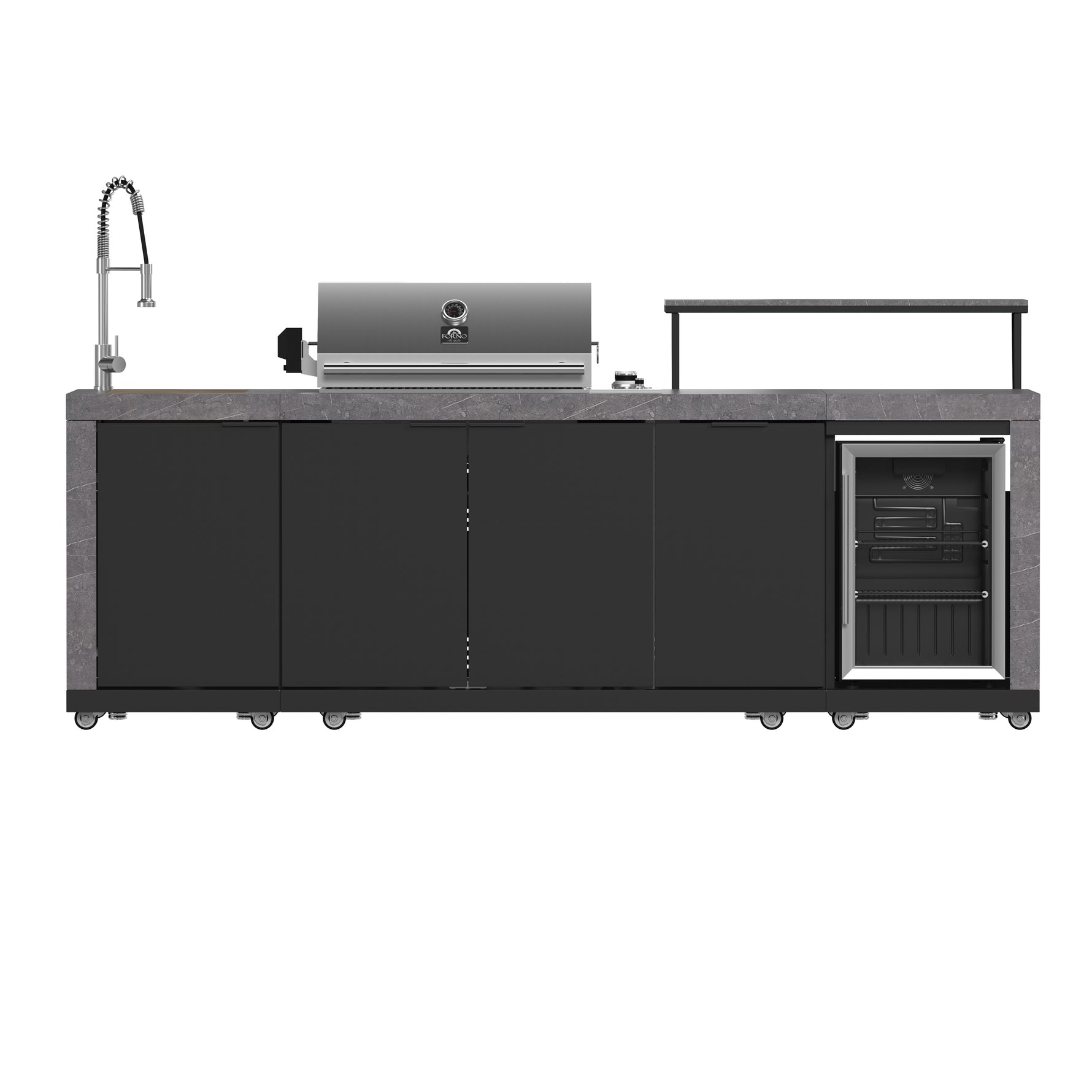 Forno Rimini Outdoor Kitchen 30" BBQ 62,600 BTU, 3 Burners with Sear & Rotisserie, 2.4 cu.ft. Beverage Center, Stainless Steel Sink, Black Cabinets & Gray Sintered Stone Countertop - BonPrix Électroménagers