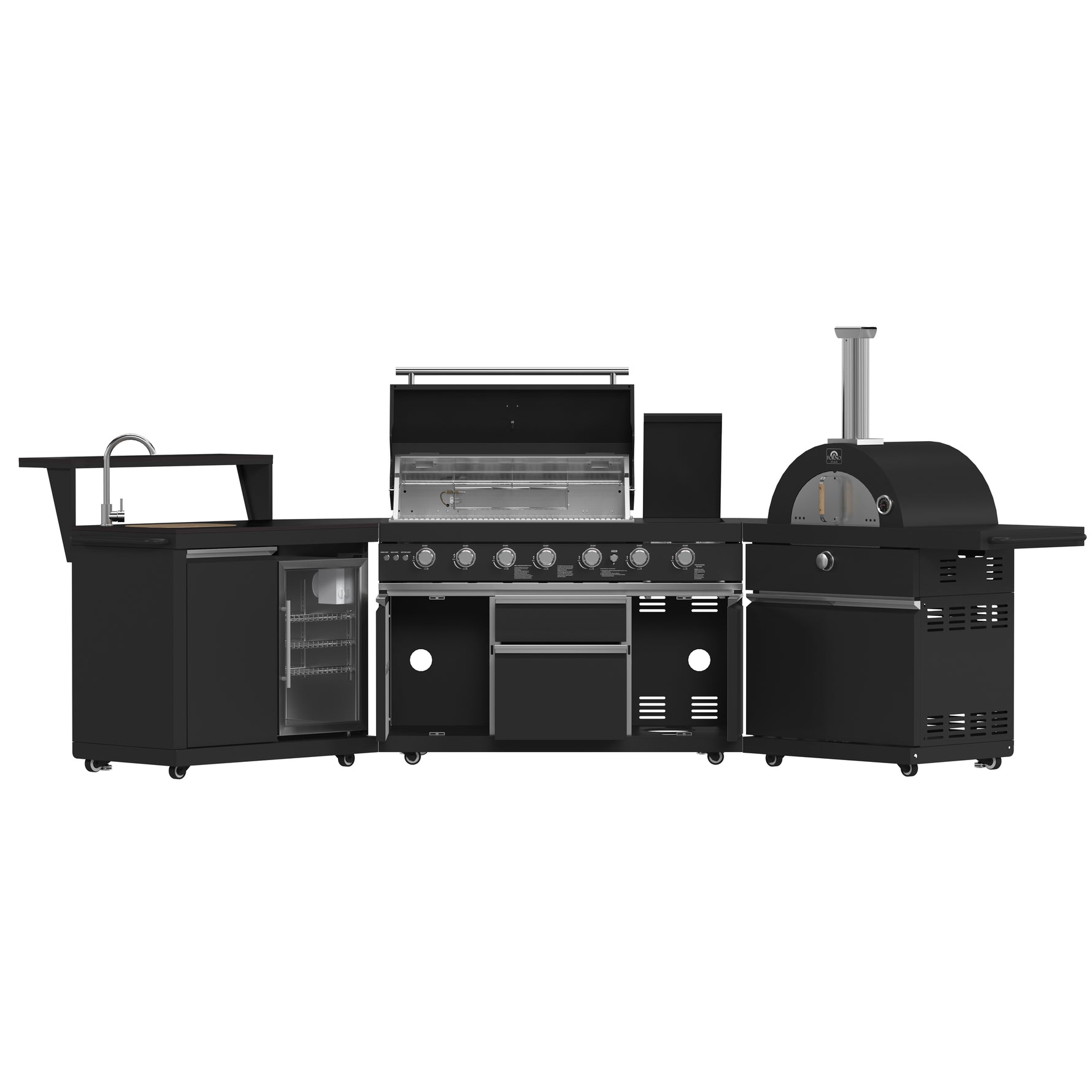 Forno All’Aperto 87,600 BTU Outdoor Kitchen, 4 Burners, Infrared Burners, Side Burner, Black Sintered Stone Countertops, Gas Pizza Oven, Sink Module, Bar & Beverage Center - BonPrix Électroménagers