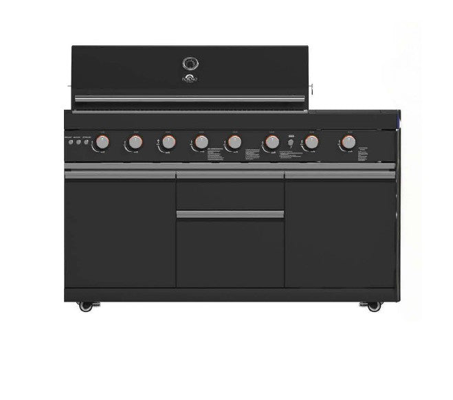 Cuisine d'extérieur Forno All’Aperto 99 600 BTU, 5 bruleurs, bruleurs infrarouges, bruleur latéral, comptoirs en pierre frittée noire, four à pizza à gaz, module évier, bar et centre de boissons