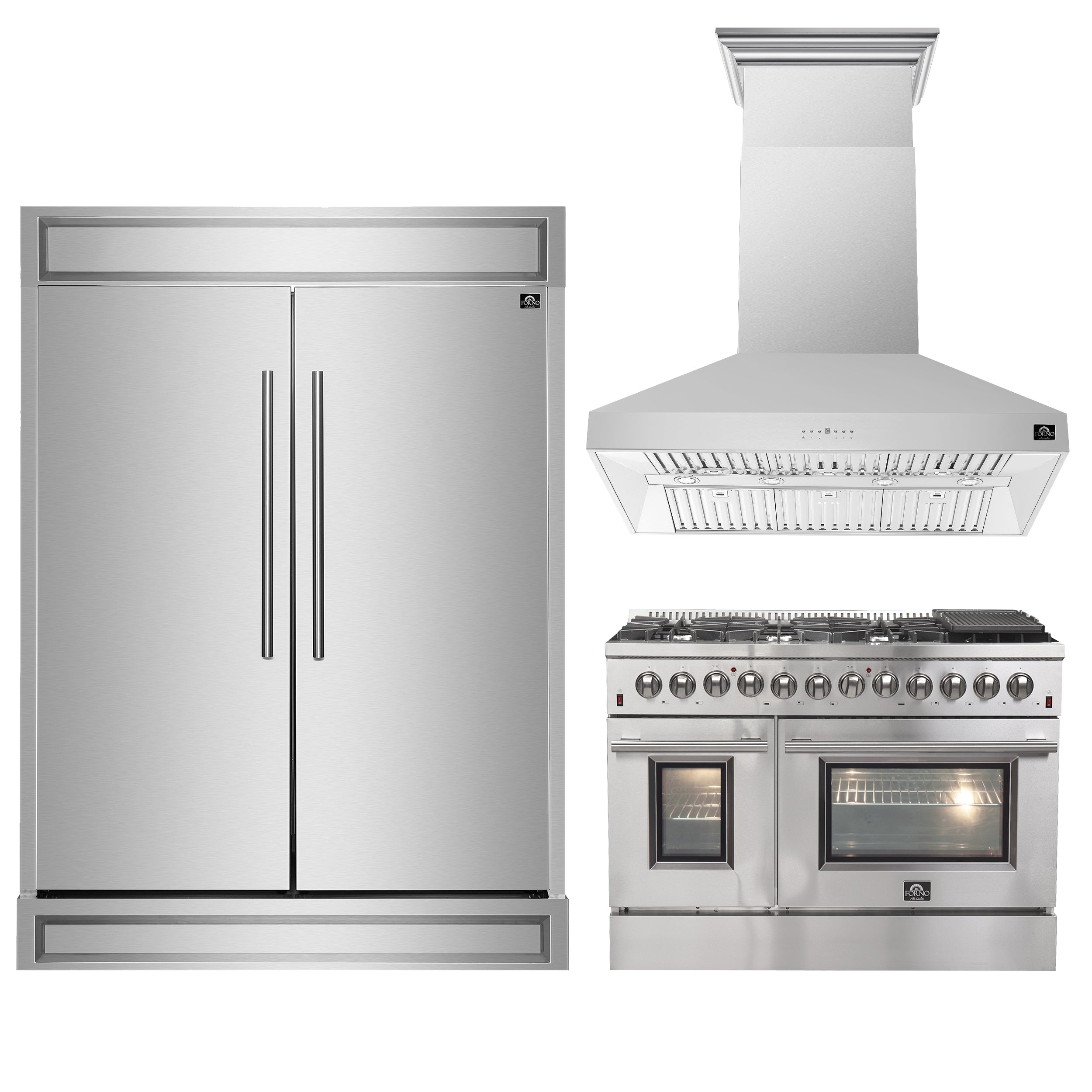 FORNO Premium 3-Piece Kitchen Bundle - FORNO Galiano 48" Freestanding Dual Fuel Range, FORNO Maderno 60" 2-Piece Convertible Refrigerator/Freezer Built-In with Decorative Grill Trim, 27.2 cu.ft., FORNO Orvieto 48" Wall Mount Range Hood - FBDL-017-04CAUS - BonPrix Électroménagers