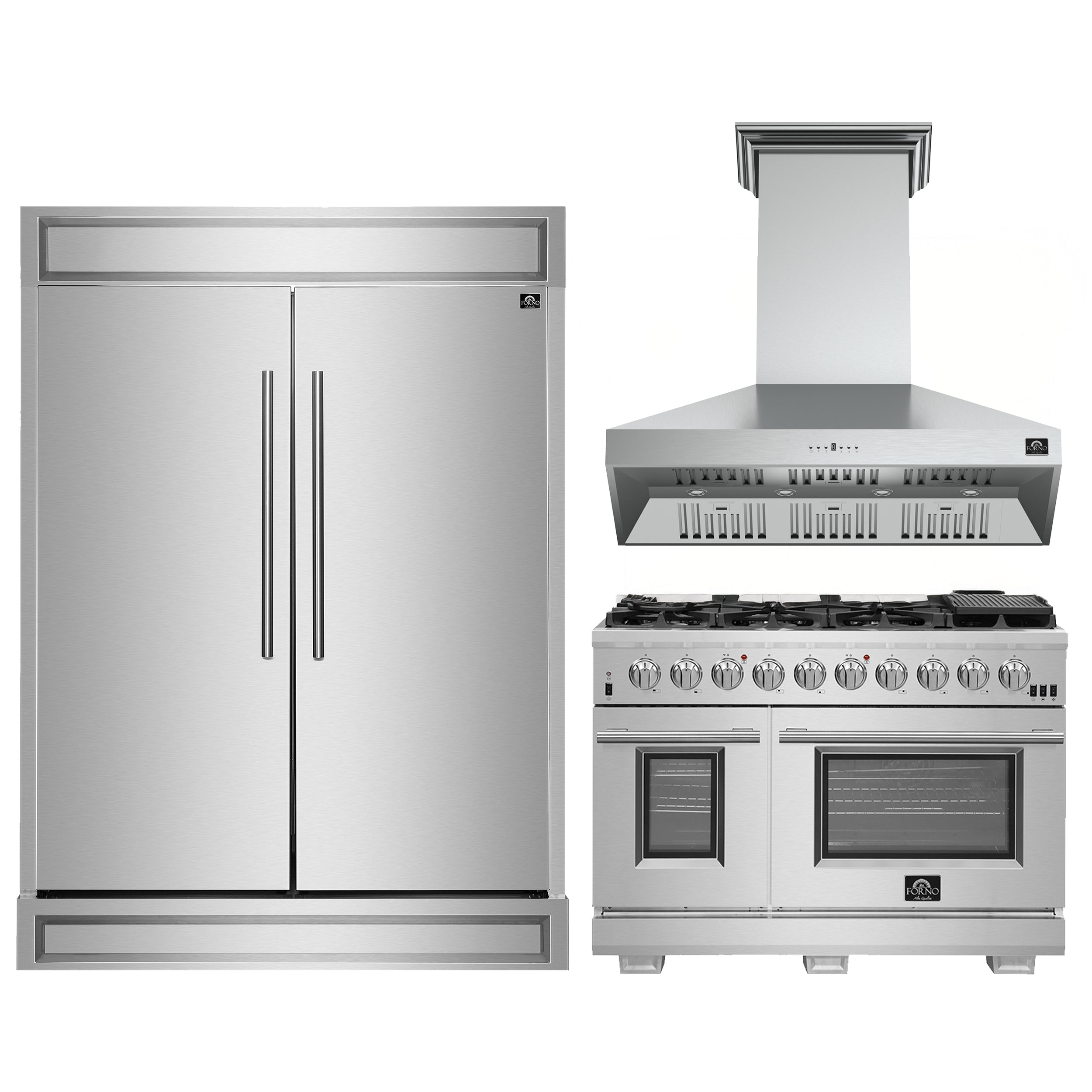 FORNO Premium 3-Piece Kitchen Bundle - FORNO Capriasca 48" Freestanding Gas Range, FORNO Maderno 60" 2-Piece Convertible Refrigerator/Freezer Built-In with Decorative Grill Trim, 27.2 cu.ft., FORNO Orvieto 48" Wall Mount Range Hood - FBDL-019-07CAUS - BonPrix Électroménagers