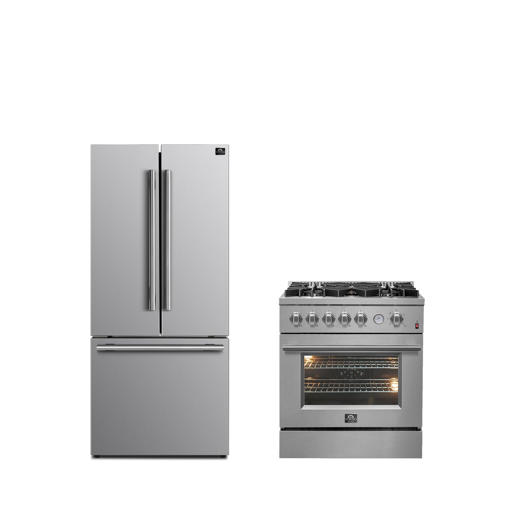 FORNO Premium 2-Piece Kitchen Bundle -Giovanni 30-inch Gas Range Stainless Steel, Forno Gallipoli 30" French Door Refrigerator with Bottom Freezer 17.5 cu. ft Capacity - FBDL-020-01CAUS - BonPrix Électroménagers