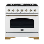 Forno Antico 36-inch Dual Fuel Range White and Antique Brass Design with 6 Sealed Gas Burners and Electric Convection Oven