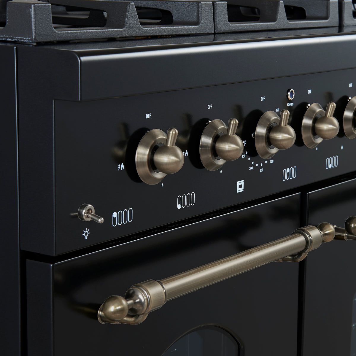 Forno Antico 48-Inch Dual Fuel Range, Black with Antique Brass Finish, 8 Burners, 94,000 BTU, 5.5 cu.ft. Double Ovens & Griddle