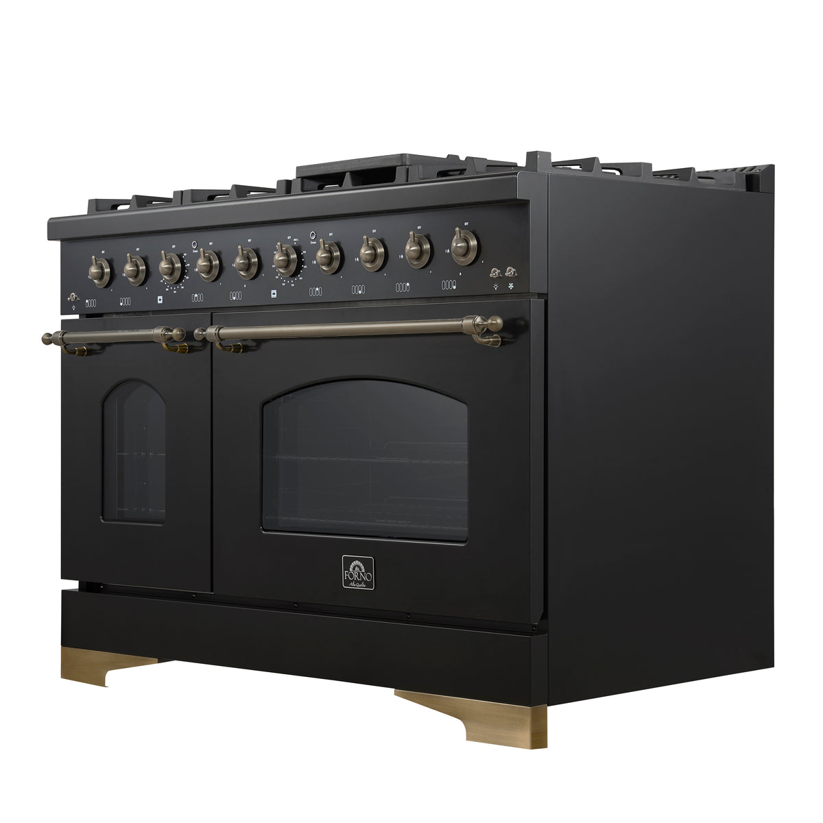 Forno Antico 48-Inch Dual Fuel Range, Black with Antique Brass Finish, 8 Burners, 94,000 BTU, 5.5 cu.ft. Double Ovens & Griddle