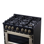 Valente 36" Dual Fuel Range in Black, 6 Sealed Burners, 71 000 BTU Cooktop Output , 5.2 Cu.Ft. convection Oven, Telescopic Racks - BonPrix Électroménagers