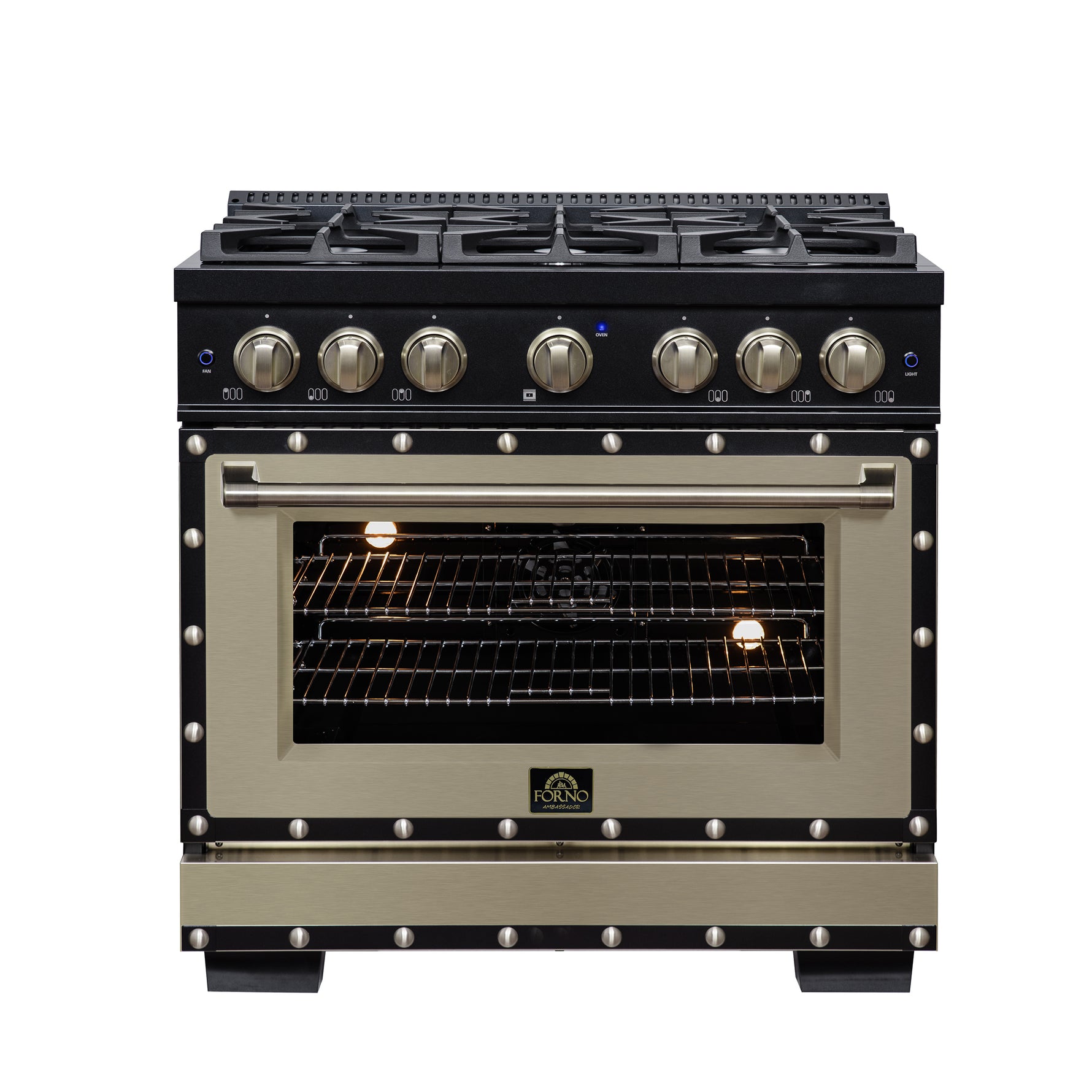 Valente 36" Dual Fuel Range in Black, 6 Sealed Burners, 71 000 BTU Cooktop Output , 5.2 Cu.Ft. convection Oven, Telescopic Racks - BonPrix Électroménagers