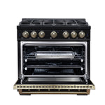 Valente 36" Dual Fuel Range in Black, 6 Sealed Burners, 71 000 BTU Cooktop Output , 5.2 Cu.Ft. convection Oven, Telescopic Racks - BonPrix Électroménagers