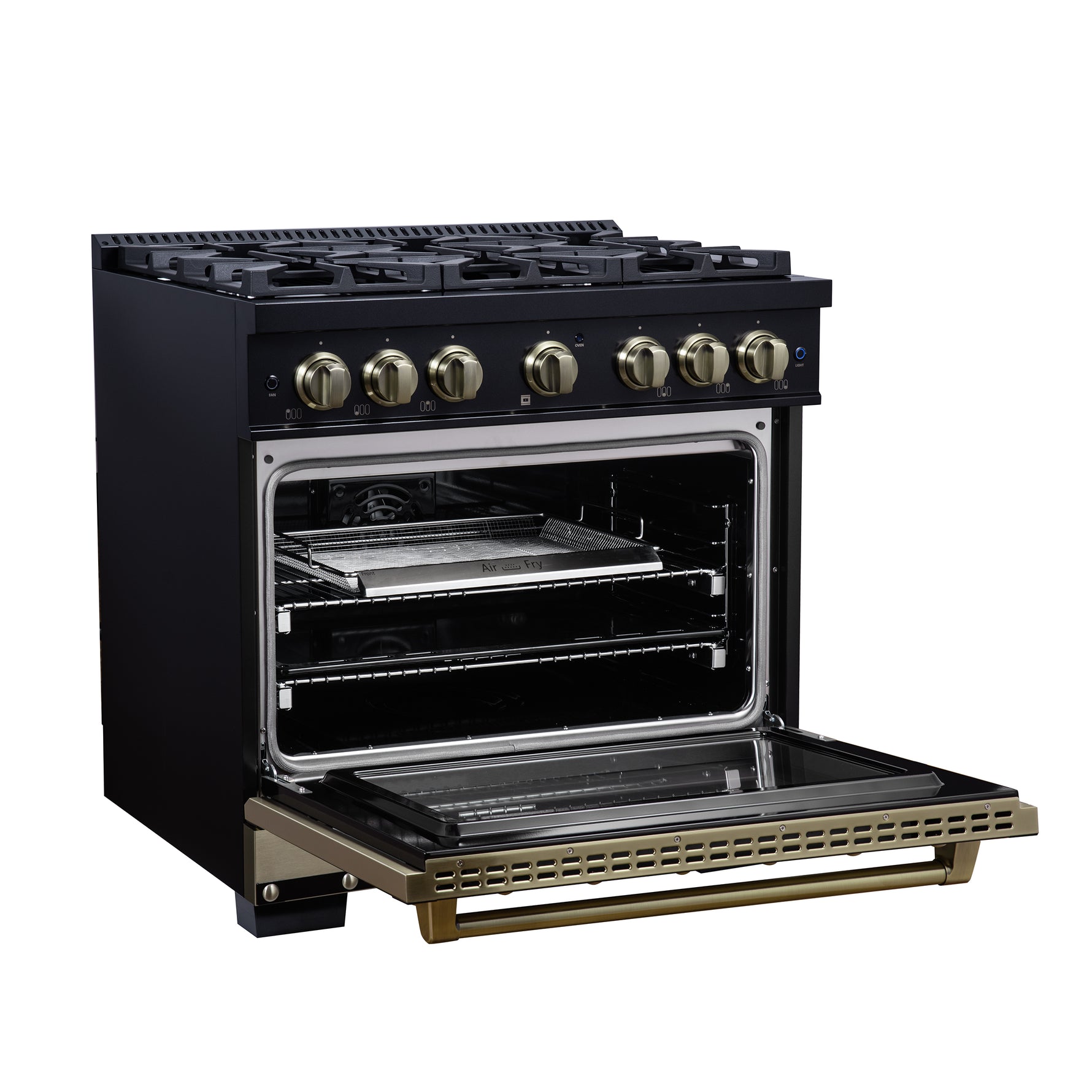 Valente 36" Dual Fuel Range in Black, 6 Sealed Burners, 71 000 BTU Cooktop Output , 5.2 Cu.Ft. convection Oven, Telescopic Racks - BonPrix Électroménagers